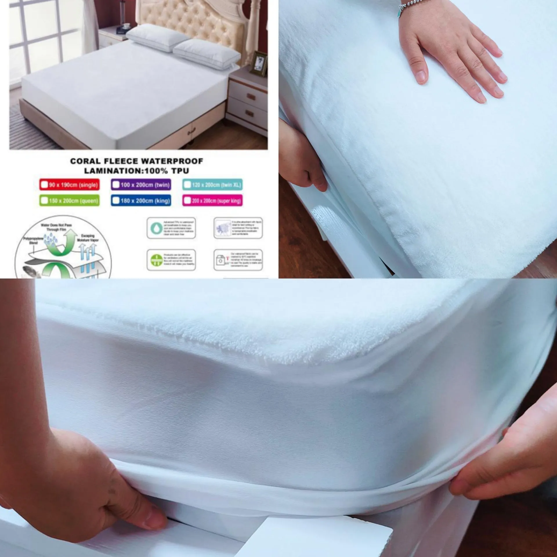 Coral Fleece, BARIRA, Waterproof Mattress Protector, 100% Polyester, White