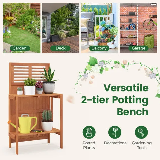 Folding Garden Potting Bench with 2-tier Storage Shelves and Teak Oil Finish for Garden Yard Balcony