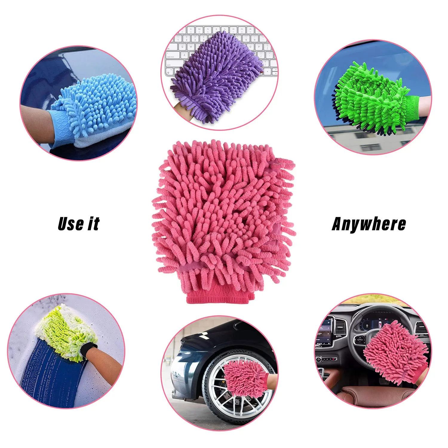 Heart Home Chenille Mitts|Microfiber Cleaning Gloves|Inside Waterproof Cloth Gloves|100 Gram Weighted Hand Duster|Chenille Gloves for Car|Glass|Pack of 2 (Red & Pink)