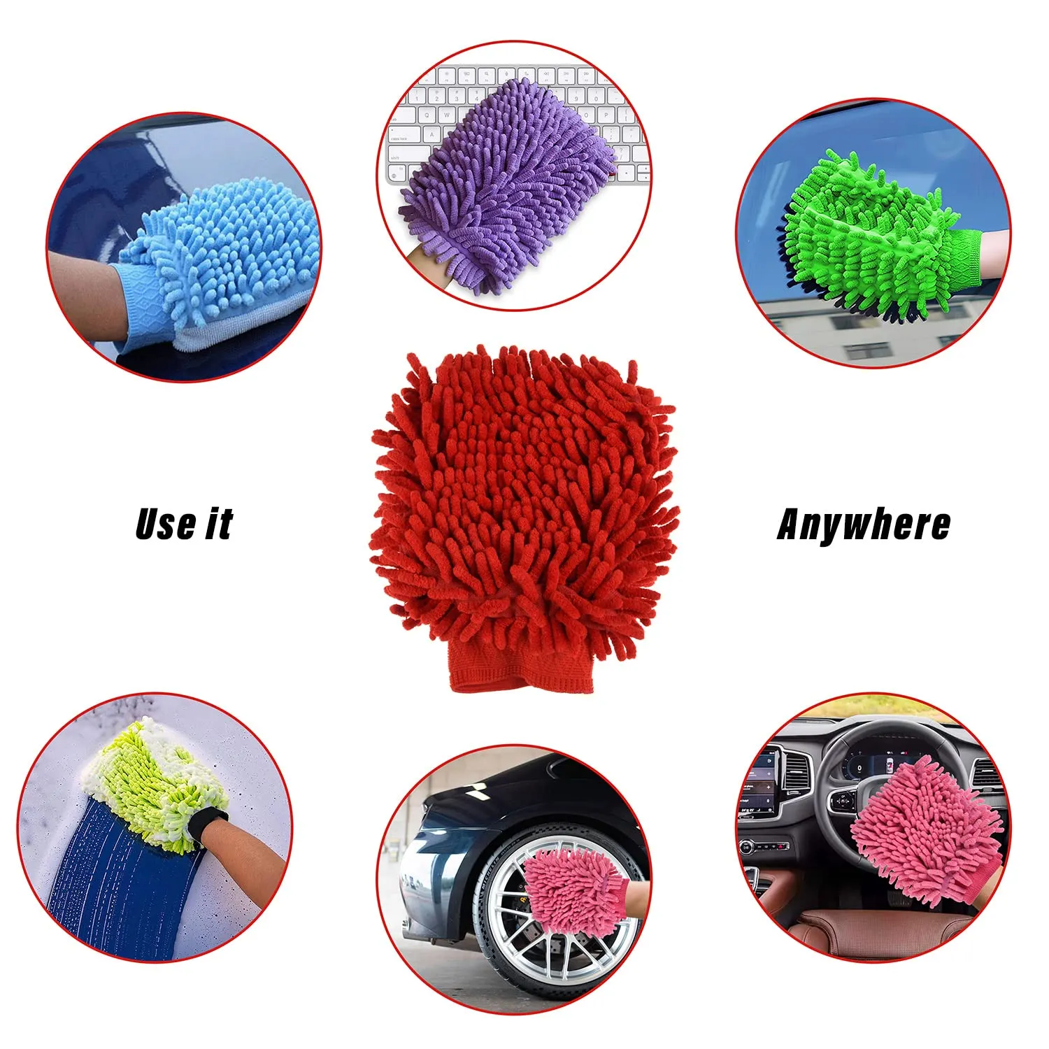 Heart Home Chenille Mitts|Microfiber Cleaning Gloves|Inside Waterproof Cloth Gloves|100 Gram Weighted Hand Duster|Chenille Gloves for Car|Glass|Pack of 5 (Red)