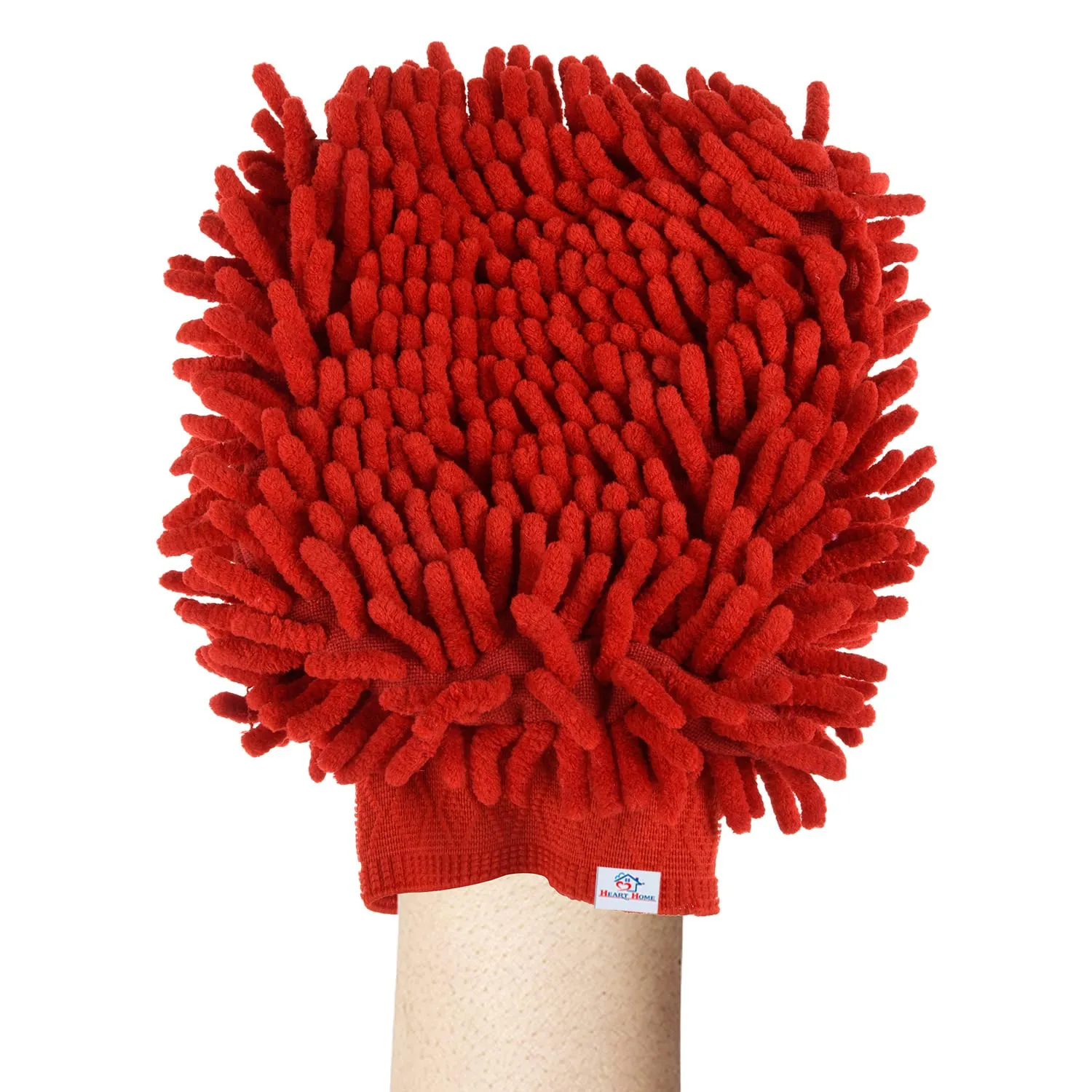 Heart Home Chenille Mitts|Microfiber Cleaning Gloves|Inside Waterproof Cloth Gloves|100 Gram Weighted Hand Duster|Chenille Gloves for Car|Glass|Pack of 5 (Red)