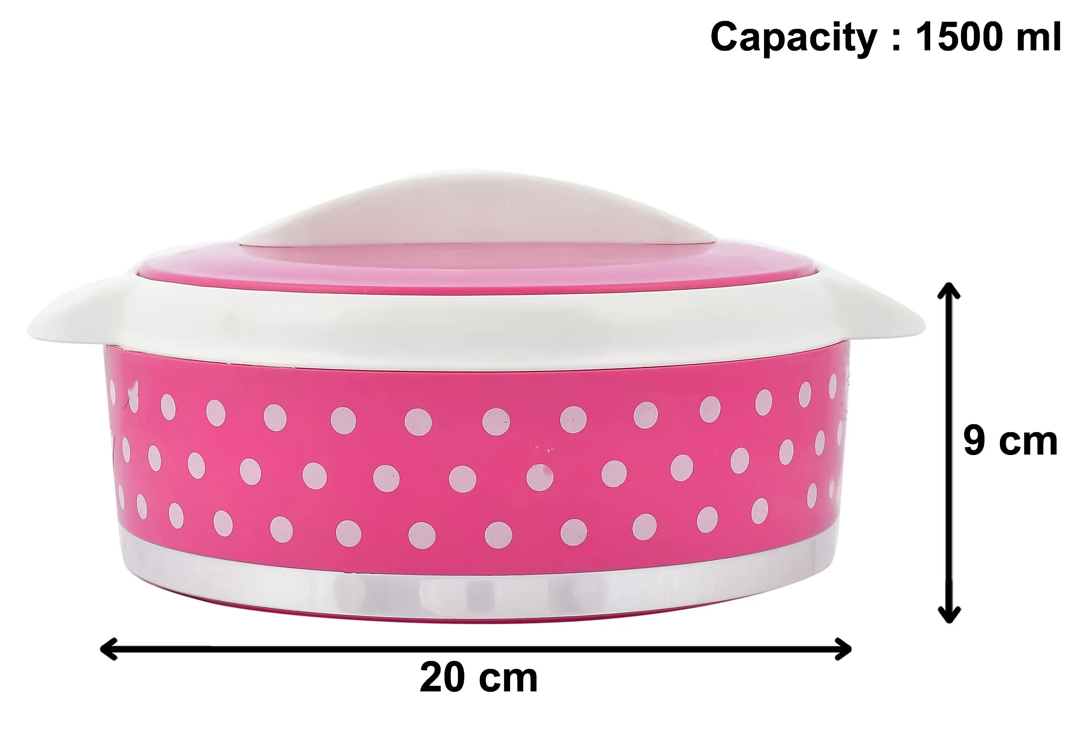 Heart Home Dot Printed BPA Free Food Grade Inner Stainless Steel Casserole Keeps Chapati, Food, Curry with Lid, 1500ml (Pink)-HS42KUBMART25026