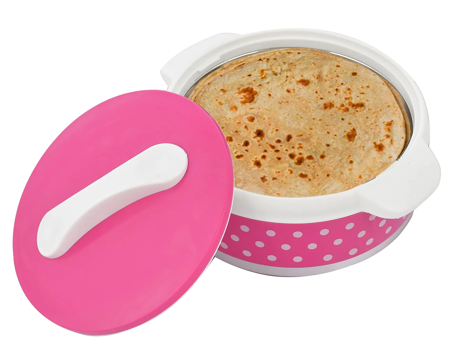 Heart Home Dot Printed BPA Free Food Grade Inner Stainless Steel Casserole Keeps Chapati, Food, Curry with Lid, 1500ml (Pink)-HS42KUBMART25026