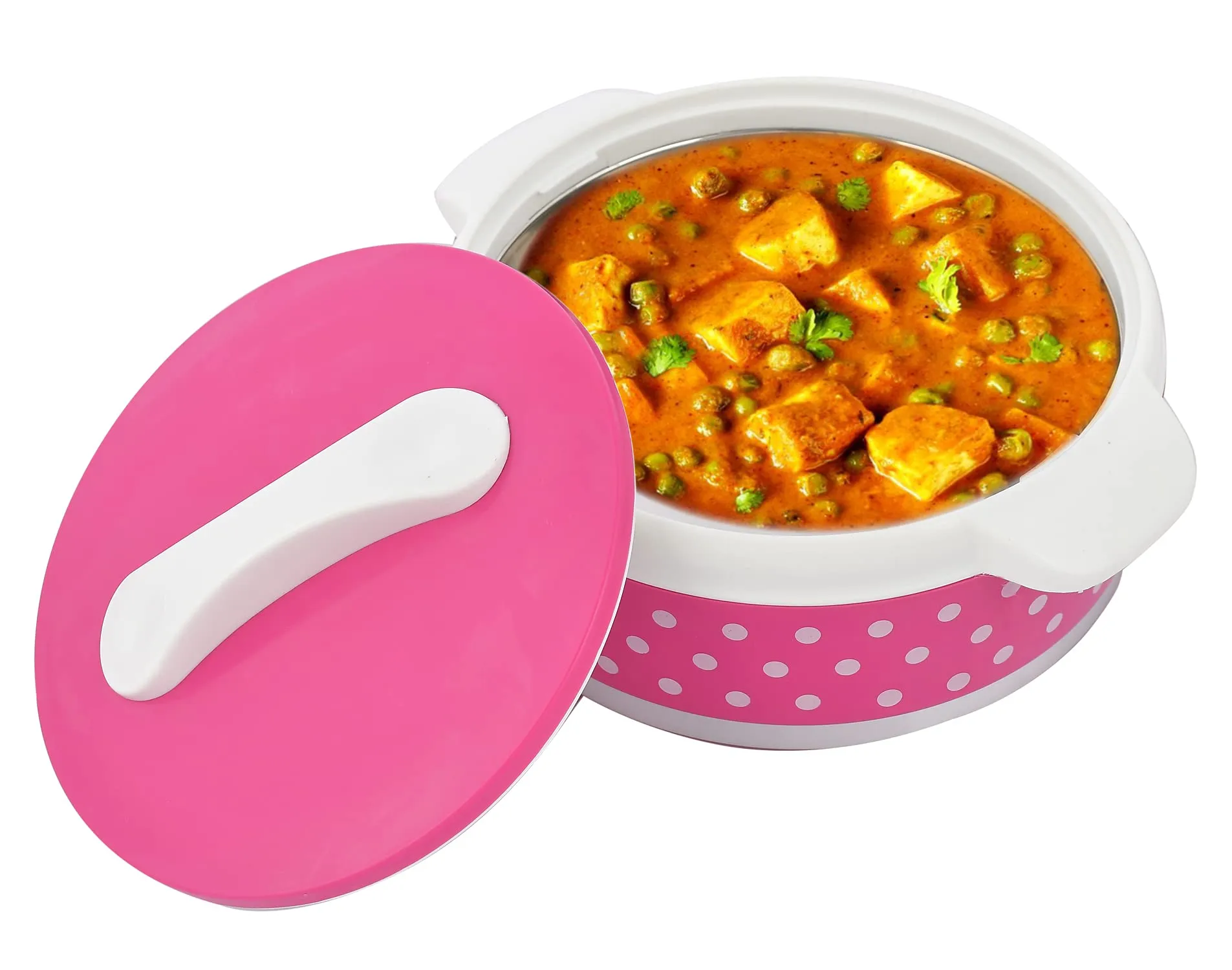 Heart Home Dot Printed BPA Free Food Grade Inner Stainless Steel Casserole Keeps Chapati, Food, Curry with Lid, 1500ml (Pink)-HS42KUBMART25026
