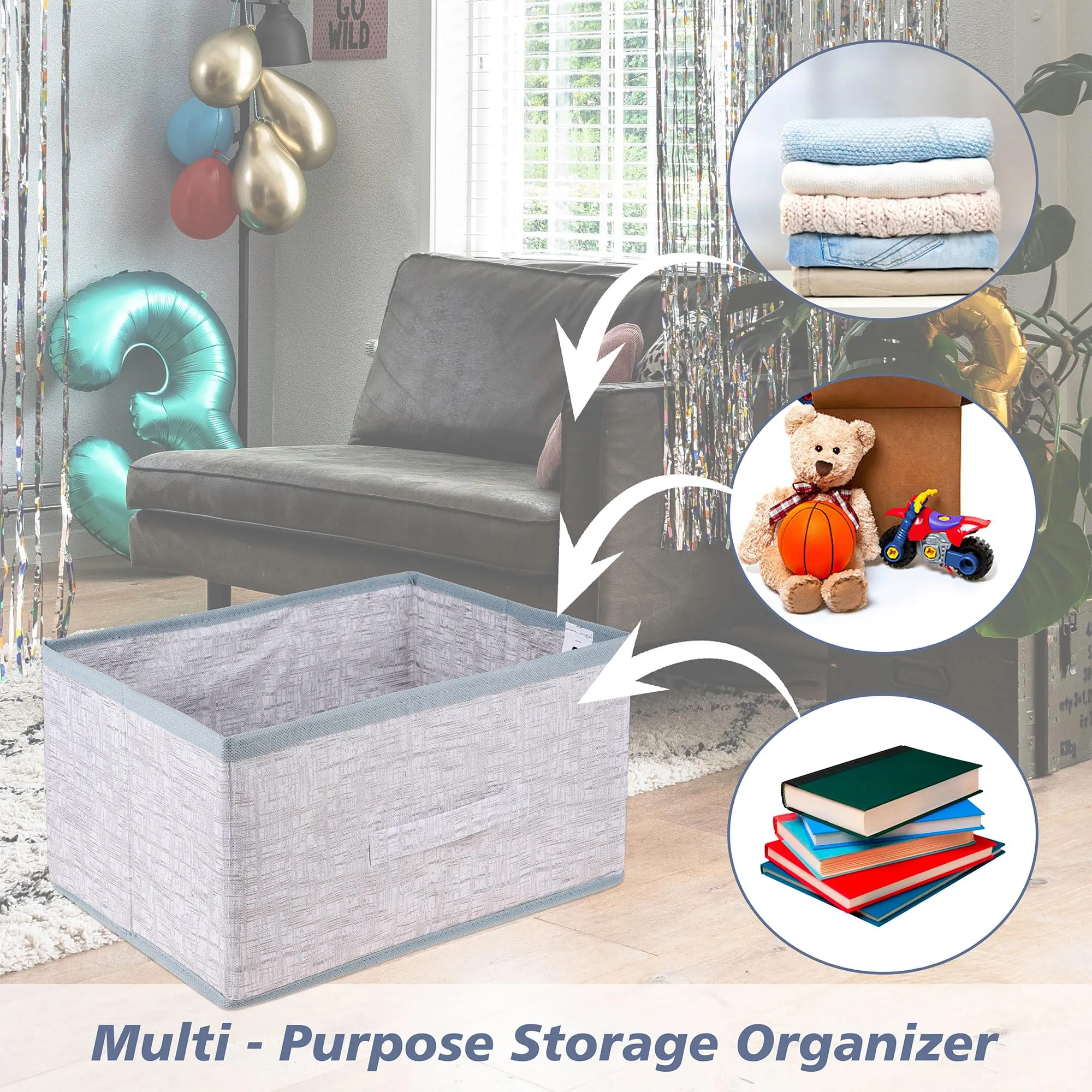 Heart Home Drawer Storage Box|Storage Bin for Clothes|Wardrobe Organizer for Books|Closet Box with Handle|Non-Woven Storage Box|Jute Printed Storage Box|Gray