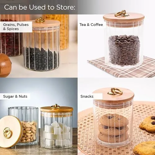 Homestic Borosilicate Glass Jar with Bamboo Lid | Kitchen Organizer Items and Storage | Multi-utility, Leakproof, Airtight Jar for Cookies, Snacks, Tea, Coffee, Sugar (530 ml) (Pack of 2)