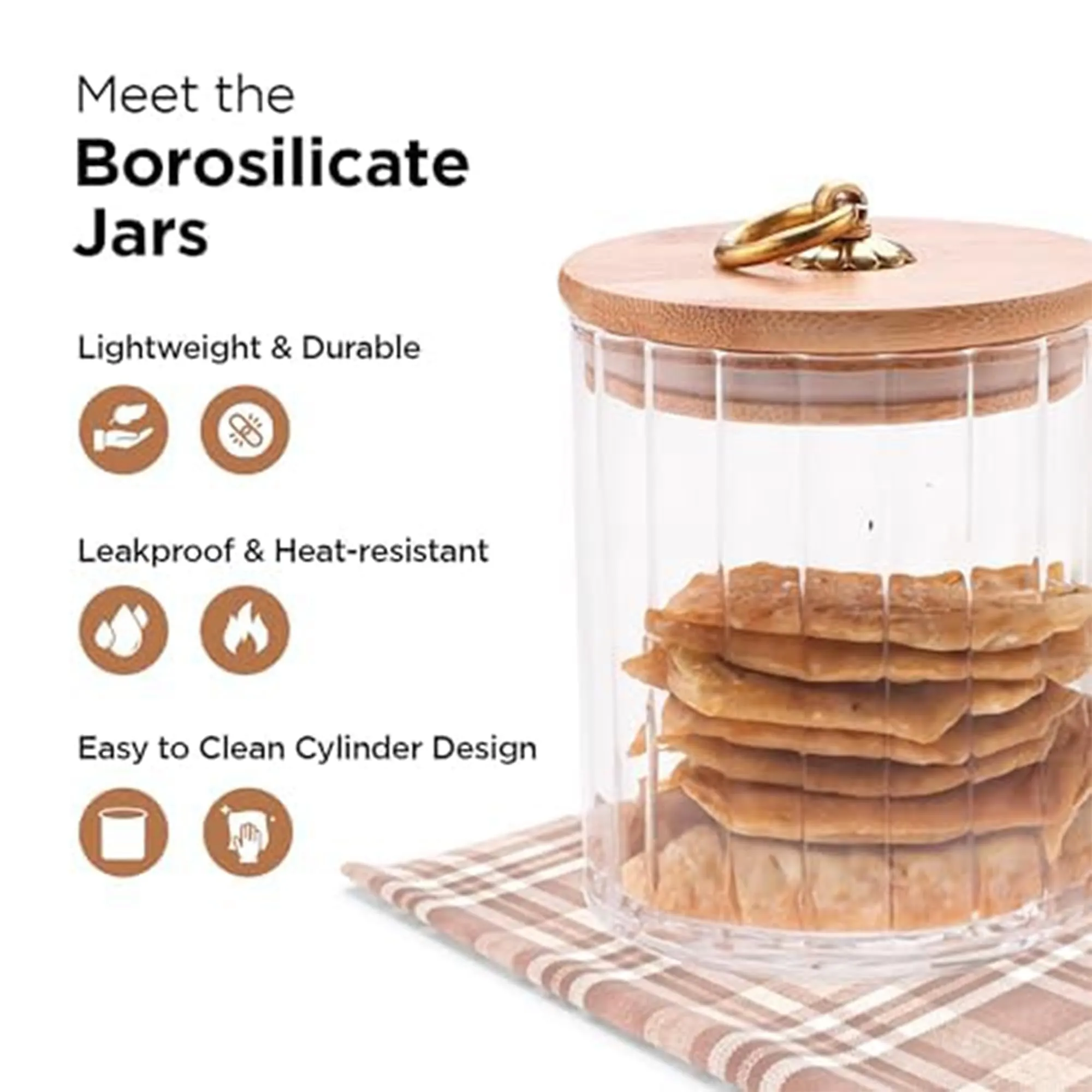 Homestic Borosilicate Glass Jar with Bamboo Lid | Kitchen Organizer Items and Storage | Multi-utility, Leakproof, Airtight Jar for Cookies, Snacks, Tea, Coffee, Sugar (530 ml) (Pack of 2)