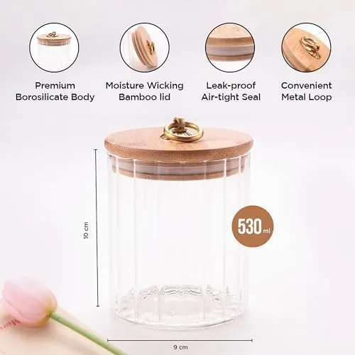 Homestic Borosilicate Glass Jar with Bamboo Lid | Kitchen Organizer Items and Storage | Multi-utility, Leakproof, Airtight Jar for Cookies, Snacks, Tea, Coffee, Sugar (530 ml) (Pack of 2)