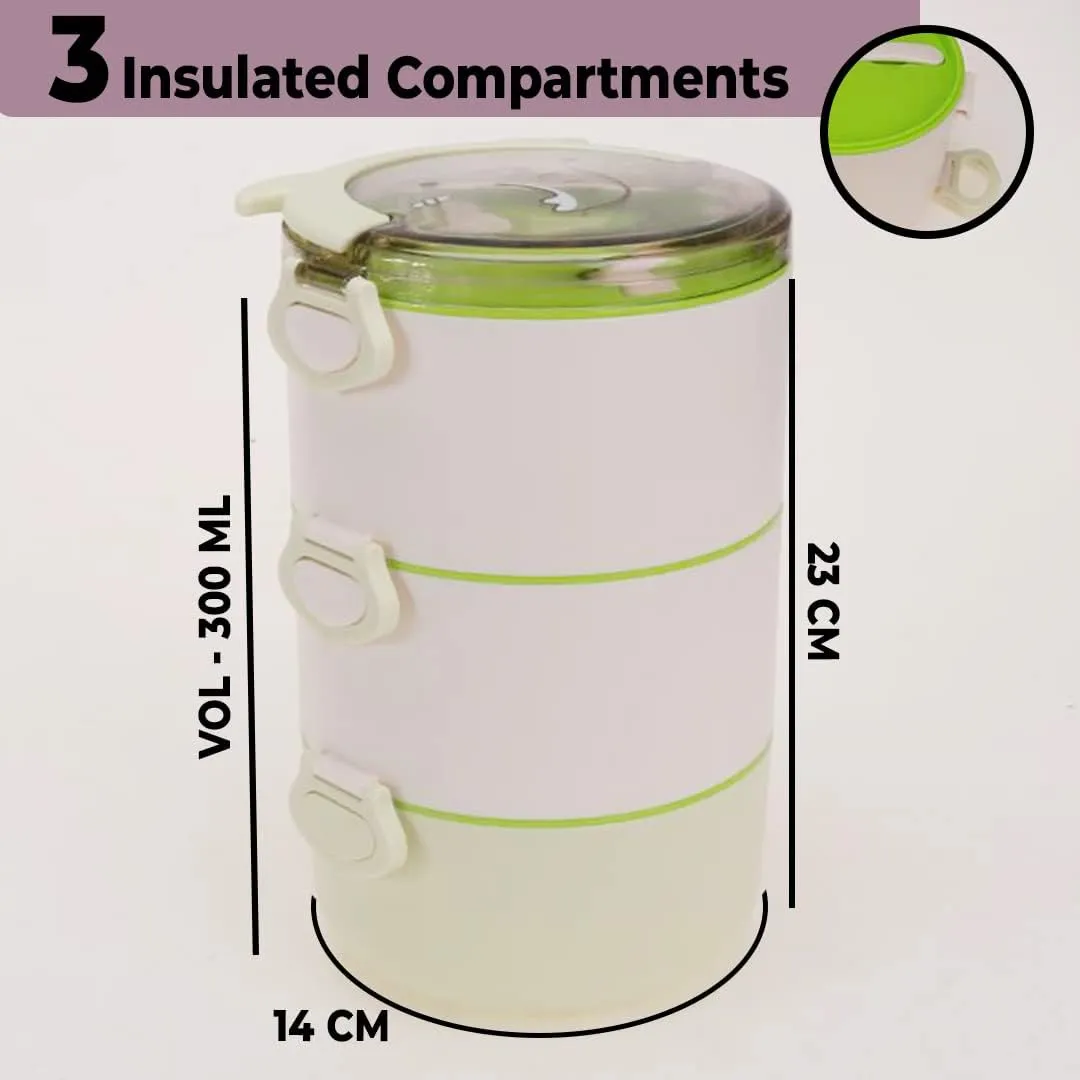 Kuber Industries Insulated Lunch Box with 3 Compartments|100% BPA Free, Food Grade ABS Plastic|Leakproof & Spill Proof|Dishwasher & Microwave Safe Lunch Box|3000 ML|HX0032531|Green (Pack of 5)