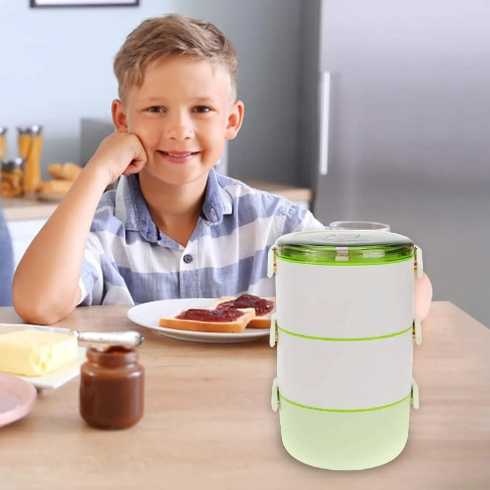 Kuber Industries Insulated Lunch Box with 3 Compartments|100% BPA Free, Food Grade ABS Plastic|Leakproof & Spill Proof|Dishwasher & Microwave Safe Lunch Box|3000 ML|HX0032531|Green (Pack of 5)