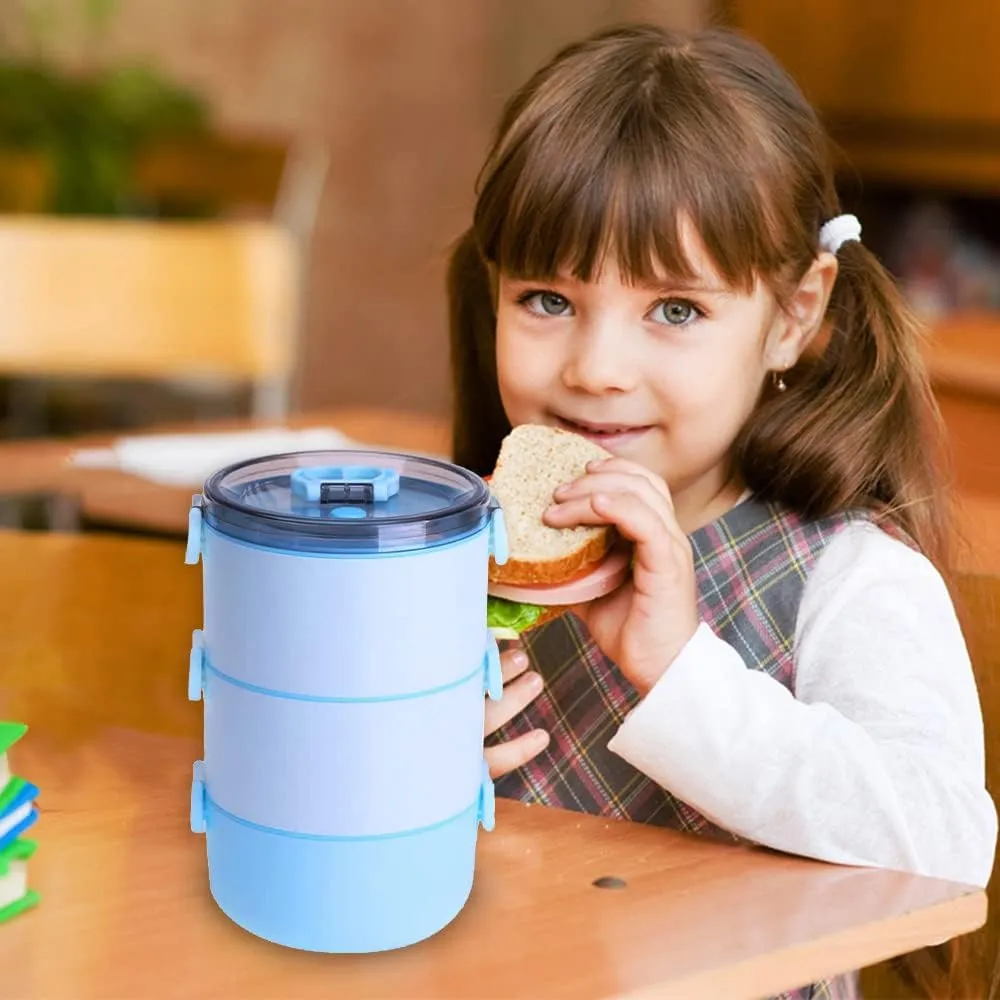 Kuber Industries Insulated Lunch Box with 3 Compartments|100% BPA Free, Food Grade ABS Plastic|Leakproof & Spill Proof|Dishwasher & Microwave Safe Lunch Box|3000 ML|HX0035097|Blue (Pack of 4)