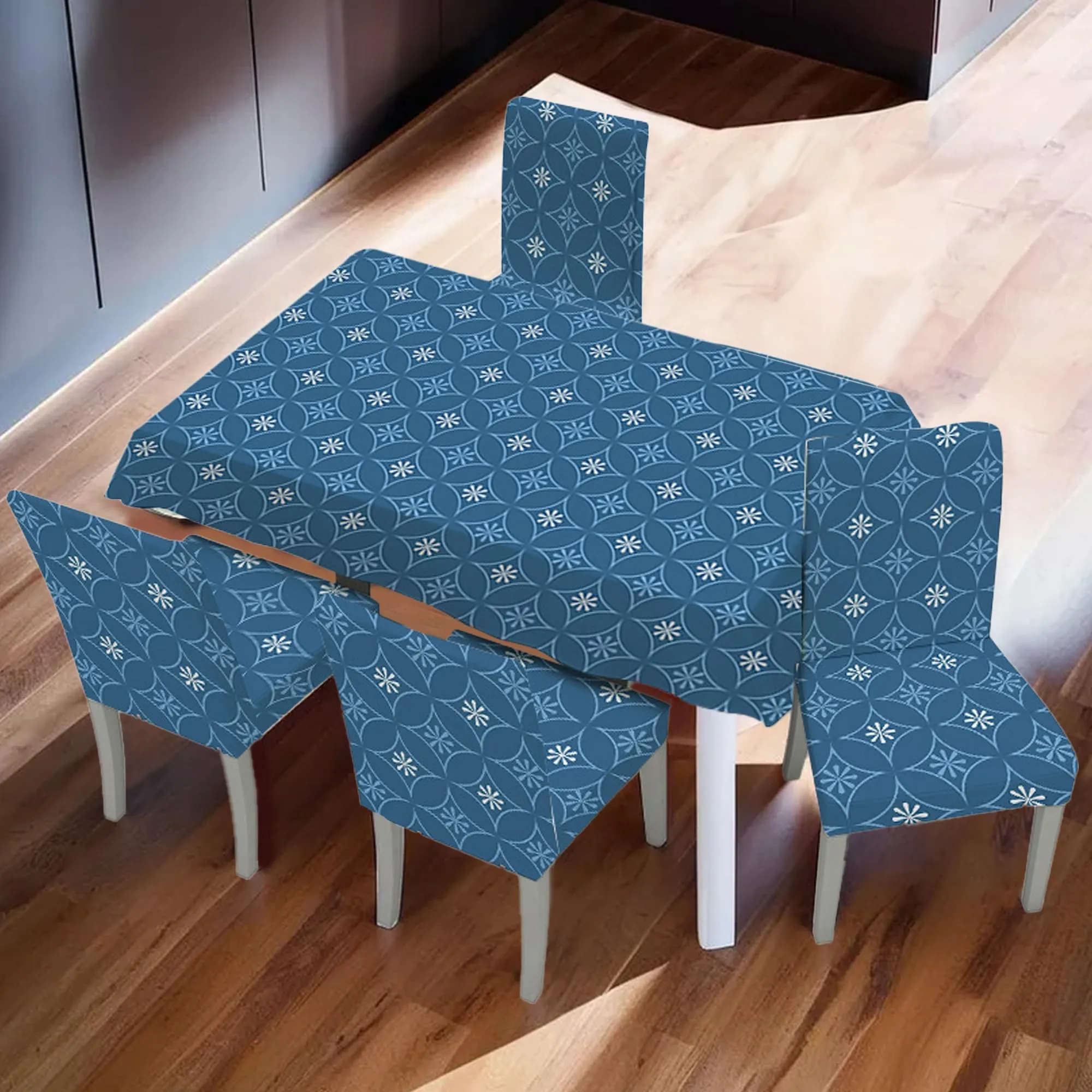 Kuber Industries Set of 5 Waterproof & Oil Repellent Dining Table Chair Cover 4 Seater Full Set | Washable & Dustproof Food Table & Seat Cover Protector Slipcover Cloth | Blue Floral