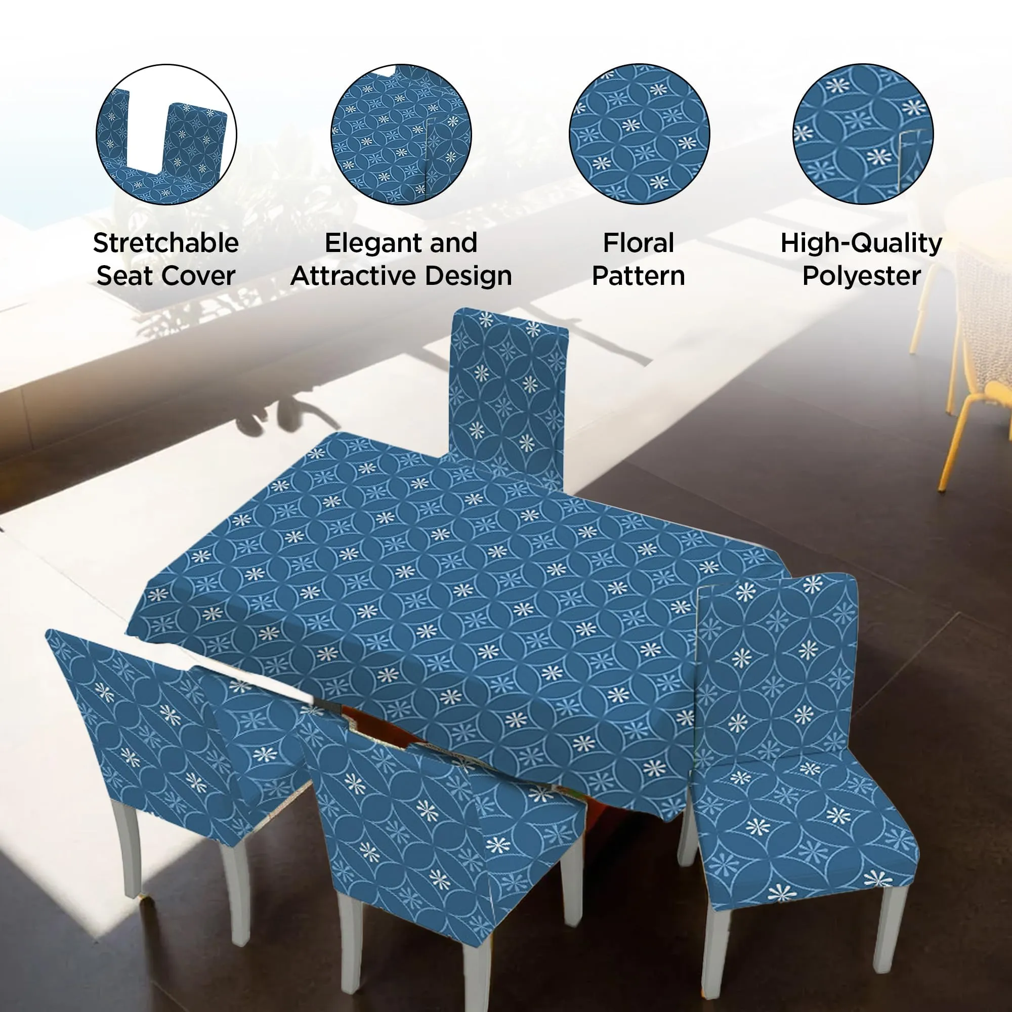 Kuber Industries Set of 5 Waterproof & Oil Repellent Dining Table Chair Cover 4 Seater Full Set | Washable & Dustproof Food Table & Seat Cover Protector Slipcover Cloth | Blue Floral