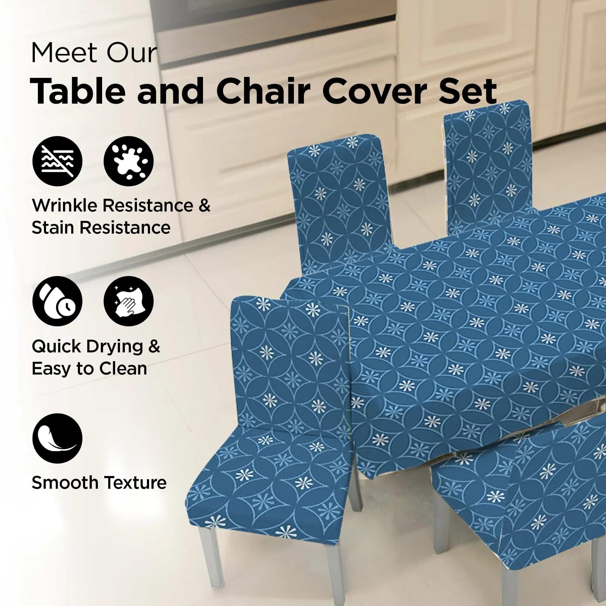 Kuber Industries Set of 5 Waterproof & Oil Repellent Dining Table Chair Cover 4 Seater Full Set | Washable & Dustproof Food Table & Seat Cover Protector Slipcover Cloth | Blue Floral