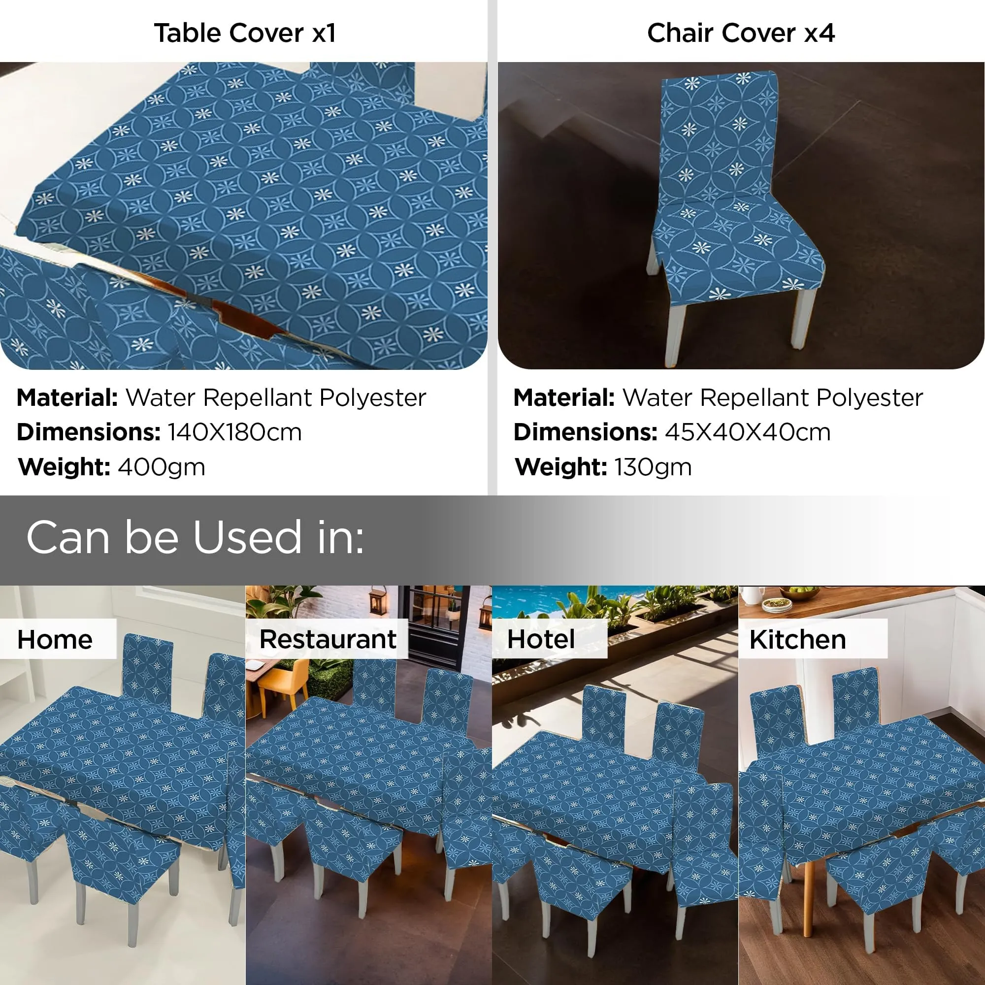 Kuber Industries Set of 5 Waterproof & Oil Repellent Dining Table Chair Cover 4 Seater Full Set | Washable & Dustproof Food Table & Seat Cover Protector Slipcover Cloth | Blue Floral