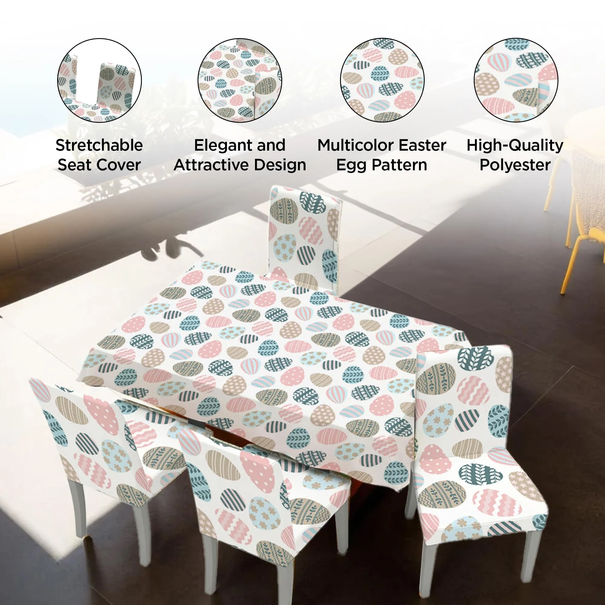Kuber Industries Set of 5 Waterproof & Oil Repellent Dining Table Chair Cover 4 Seater Full Set | Washable & Dustproof Table & Seat Cover Protector Slipcover | Easter Egg Pattern White