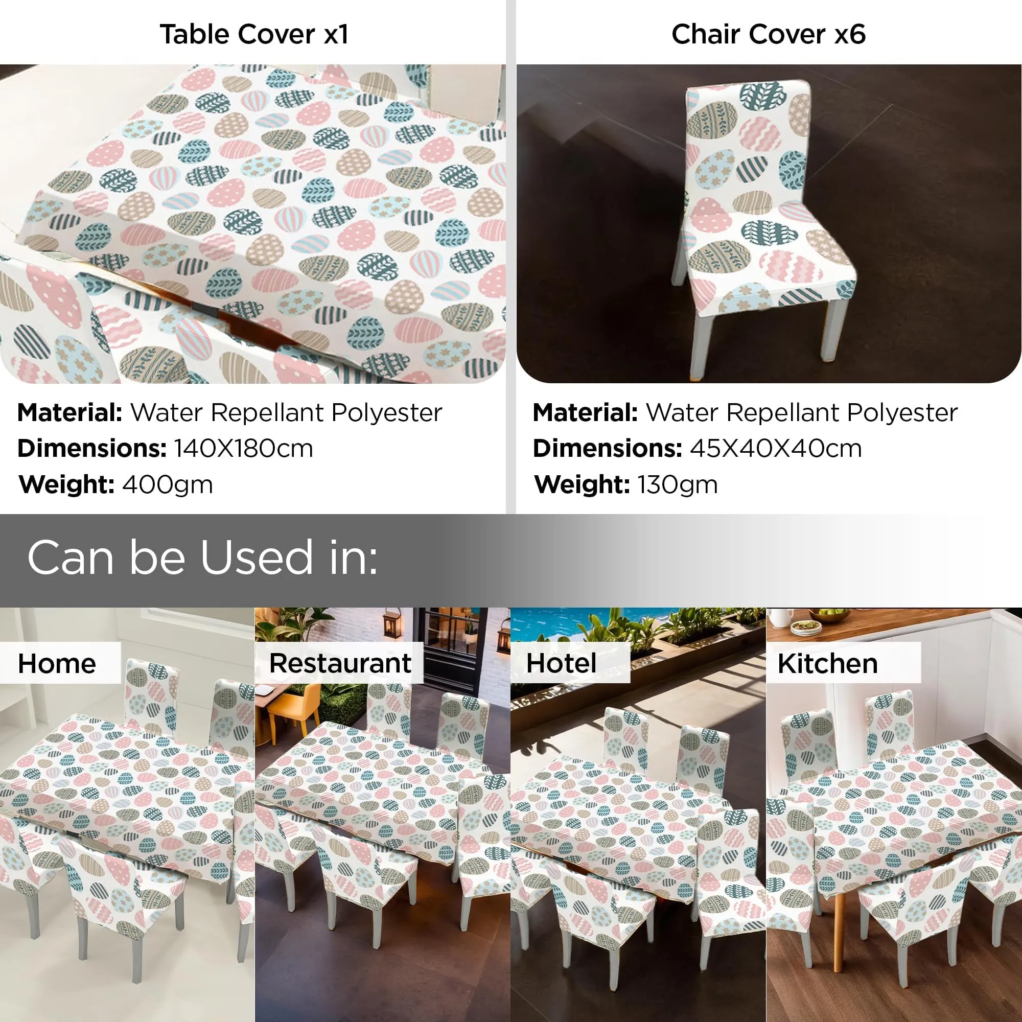 Kuber Industries Set of 5 Waterproof & Oil Repellent Dining Table Chair Cover 4 Seater Full Set | Washable & Dustproof Table & Seat Cover Protector Slipcover | Easter Egg Pattern White