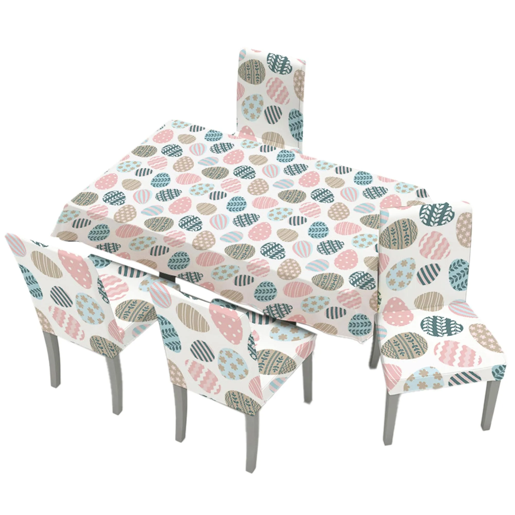 Kuber Industries Set of 5 Waterproof & Oil Repellent Dining Table Chair Cover 4 Seater Full Set | Washable & Dustproof Table & Seat Cover Protector Slipcover | Easter Egg Pattern White
