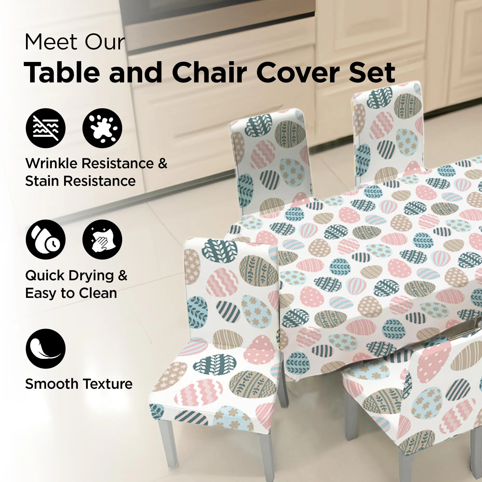 Kuber Industries Set of 5 Waterproof & Oil Repellent Dining Table Chair Cover 4 Seater Full Set | Washable & Dustproof Table & Seat Cover Protector Slipcover | Easter Egg Pattern White