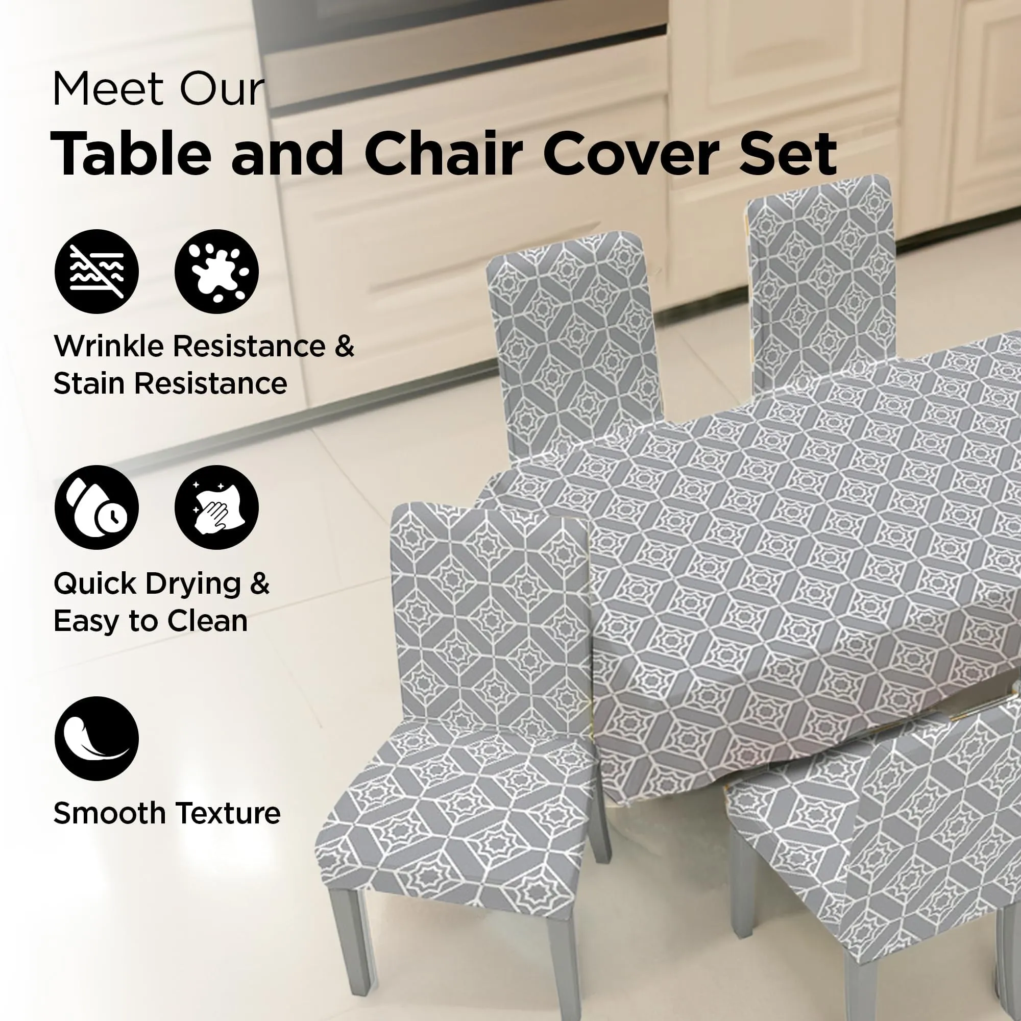 Kuber Industries Set of 5 Waterproof & Oil Repellent Dining Table Chair Cover 4 Seater Full Set | Washable & Dustproof Table & Seat Cover Protector Slipcover | Trellis Pattern Grey
