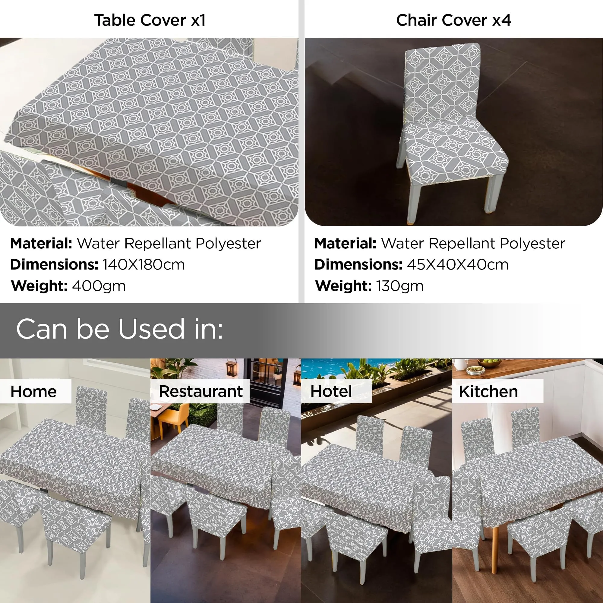 Kuber Industries Set of 5 Waterproof & Oil Repellent Dining Table Chair Cover 4 Seater Full Set | Washable & Dustproof Table & Seat Cover Protector Slipcover | Trellis Pattern Grey