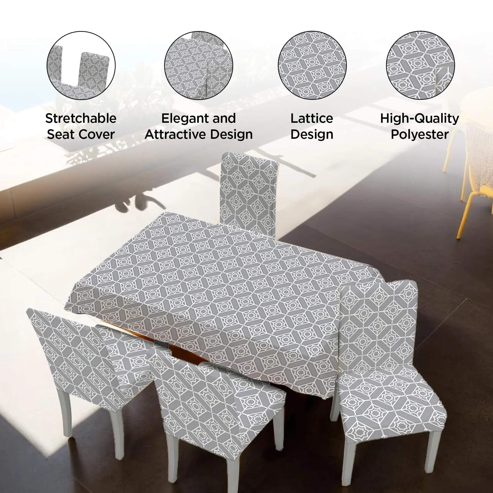 Kuber Industries Set of 5 Waterproof & Oil Repellent Dining Table Chair Cover 4 Seater Full Set | Washable & Dustproof Table & Seat Cover Protector Slipcover | Trellis Pattern Grey