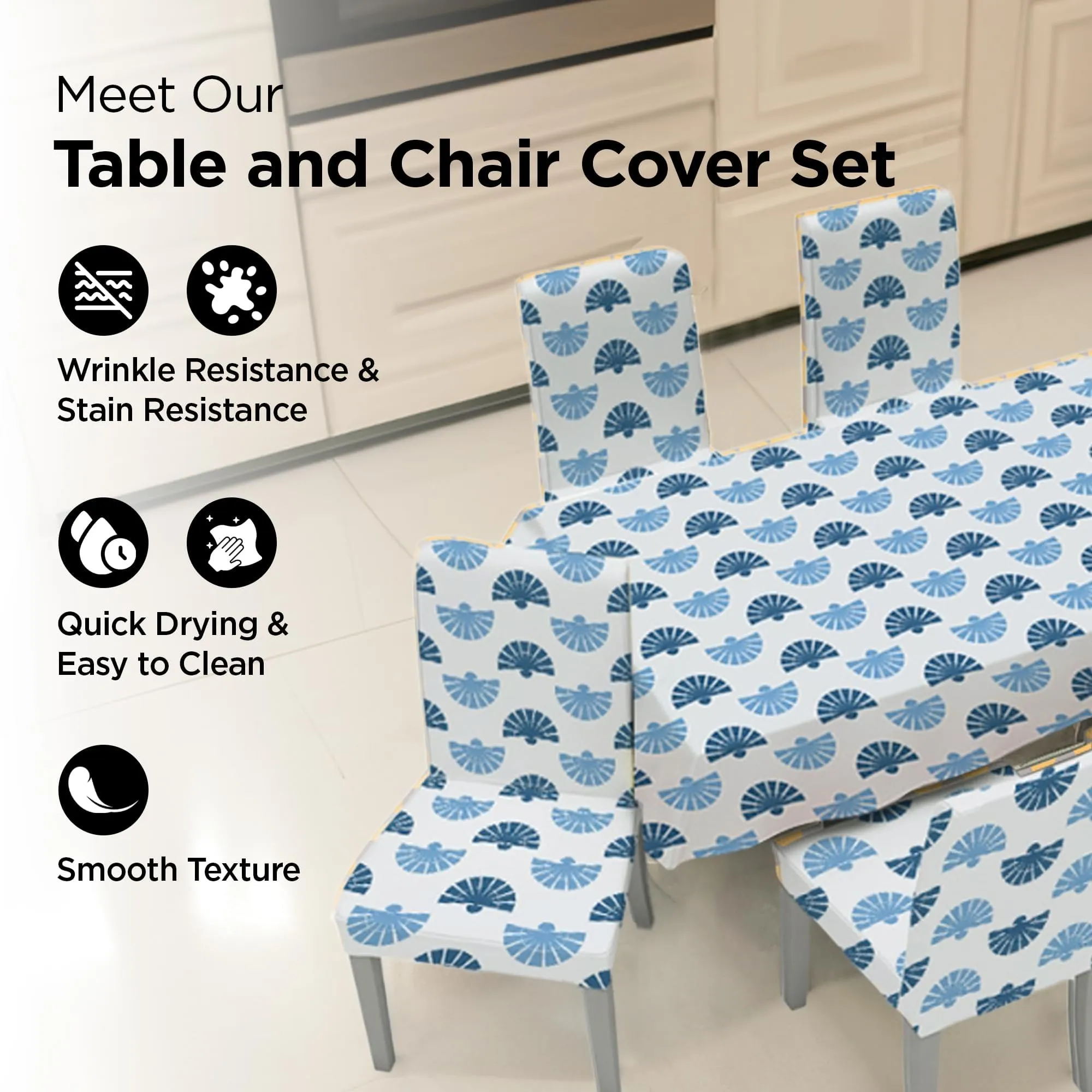 Kuber Industries Set of 7 Waterproof & Oil Repellent Dining Table Chair Cover 6 Seater Full Set | Washable & Dustproof Table & Seat Cover Protector Slipcover | Floral Leaf Pattern Blue