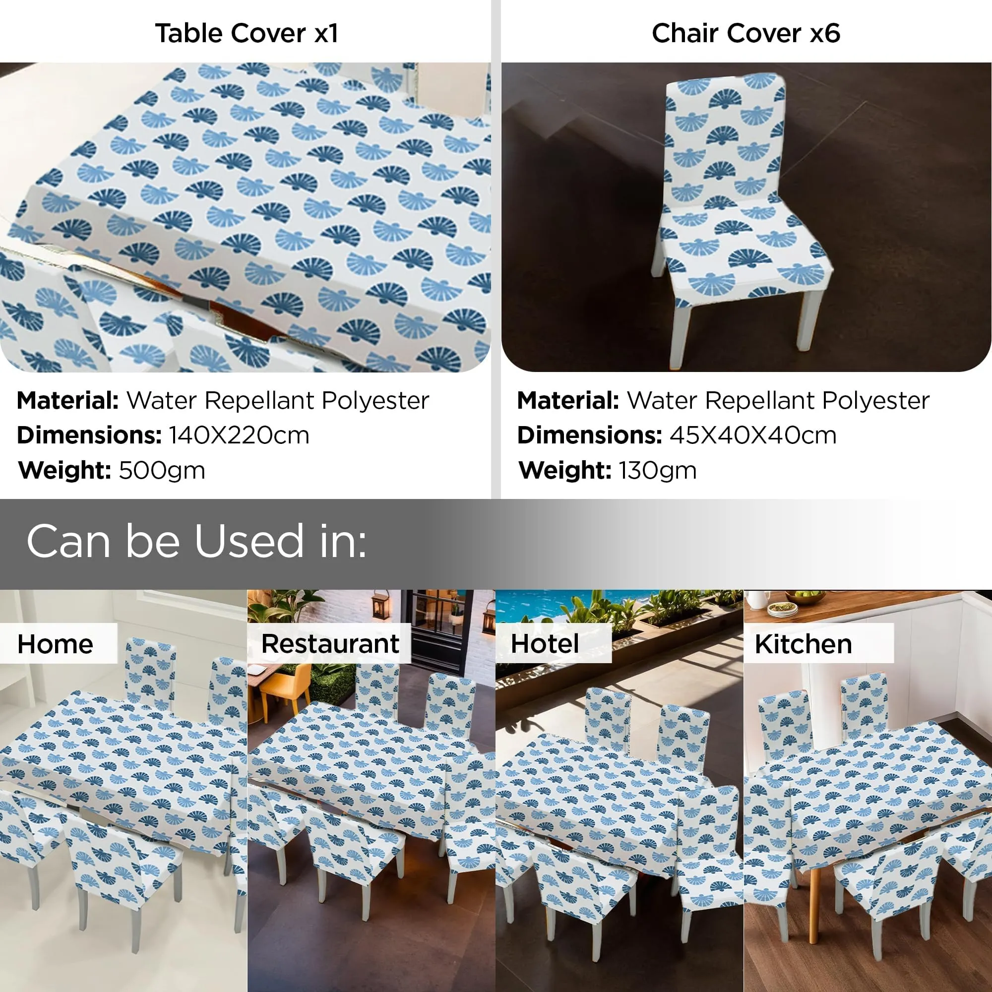 Kuber Industries Set of 7 Waterproof & Oil Repellent Dining Table Chair Cover 6 Seater Full Set | Washable & Dustproof Table & Seat Cover Protector Slipcover | Floral Leaf Pattern Blue