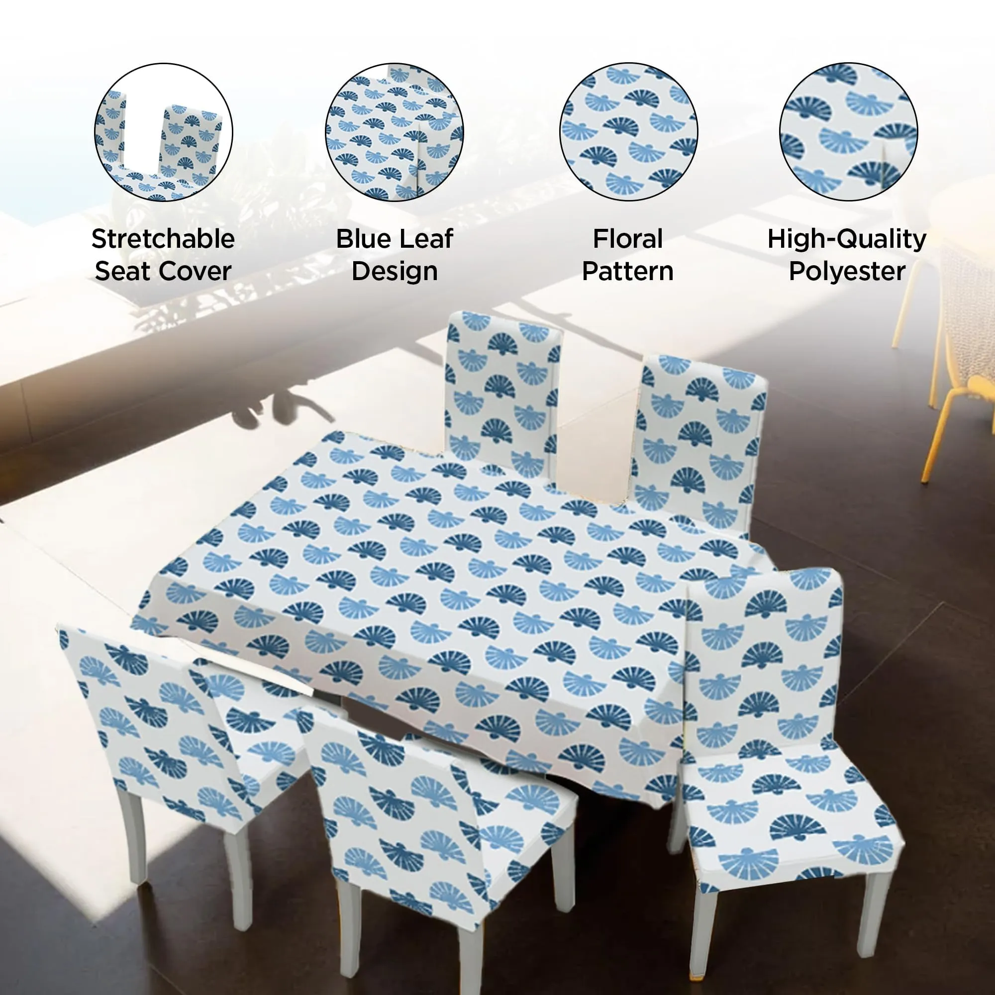 Kuber Industries Set of 7 Waterproof & Oil Repellent Dining Table Chair Cover 6 Seater Full Set | Washable & Dustproof Table & Seat Cover Protector Slipcover | Floral Leaf Pattern Blue