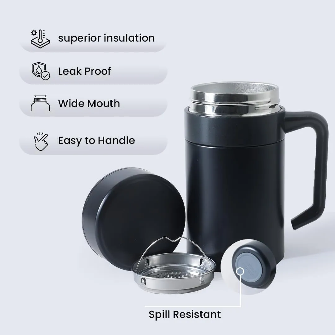 Kuber industries Stainless Steel Vacuum Insulated Mug with Lid 400 ML-Pack of 2 (Black)