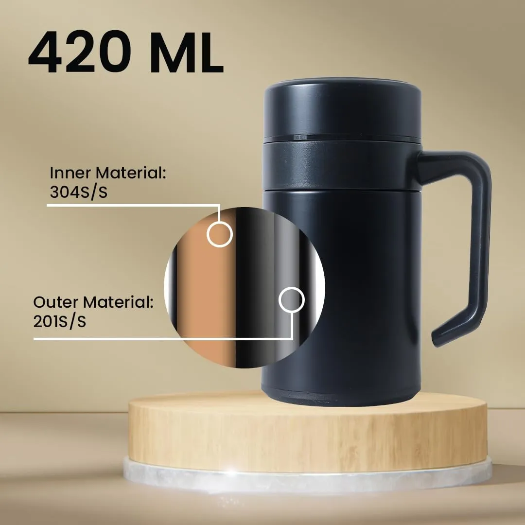 Kuber industries Stainless Steel Vacuum Insulated Mug with Lid 400 ML-Pack of 2 (Black)