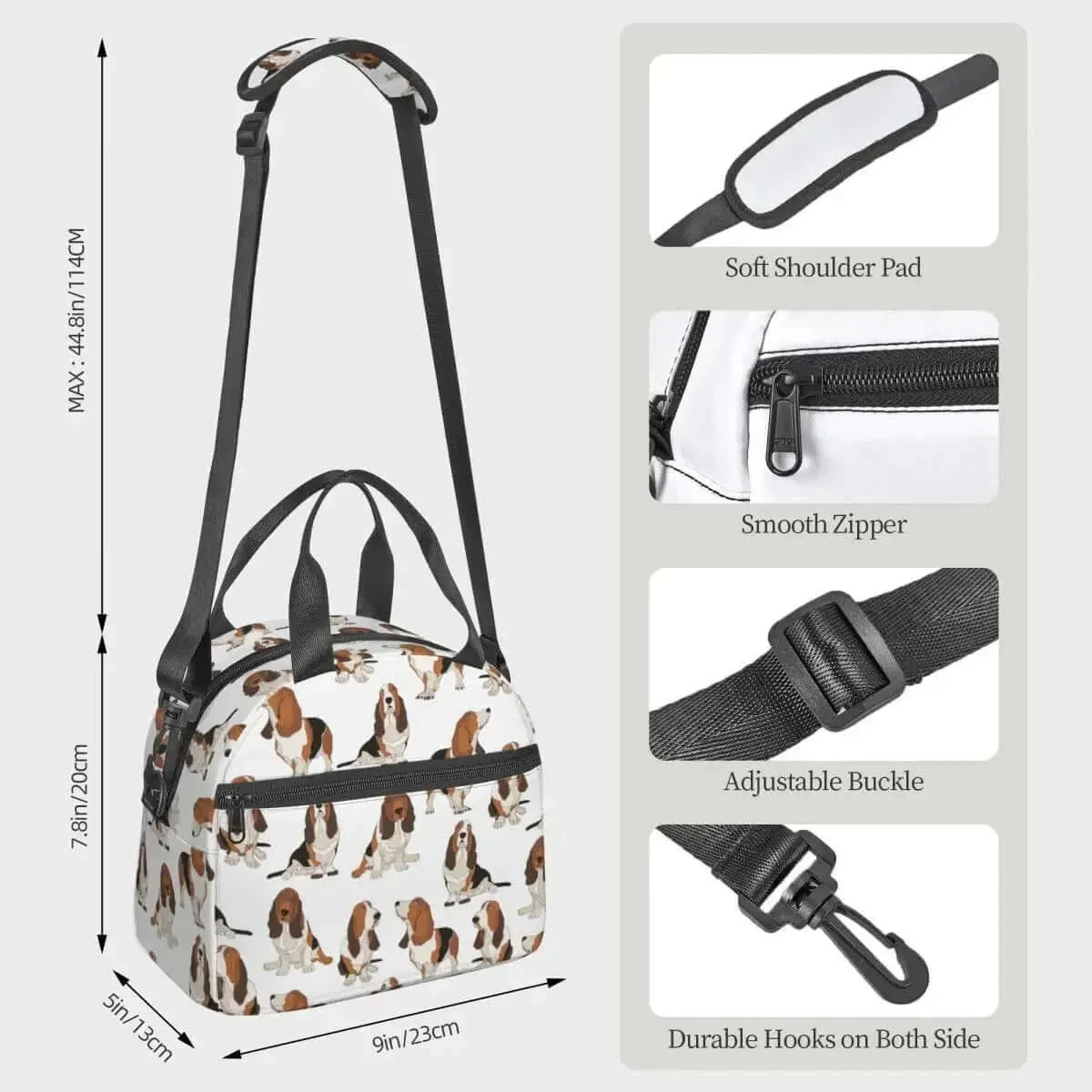 Large Insulated Basset Hound Lunch Bag With Adjustable Shoulder Strap