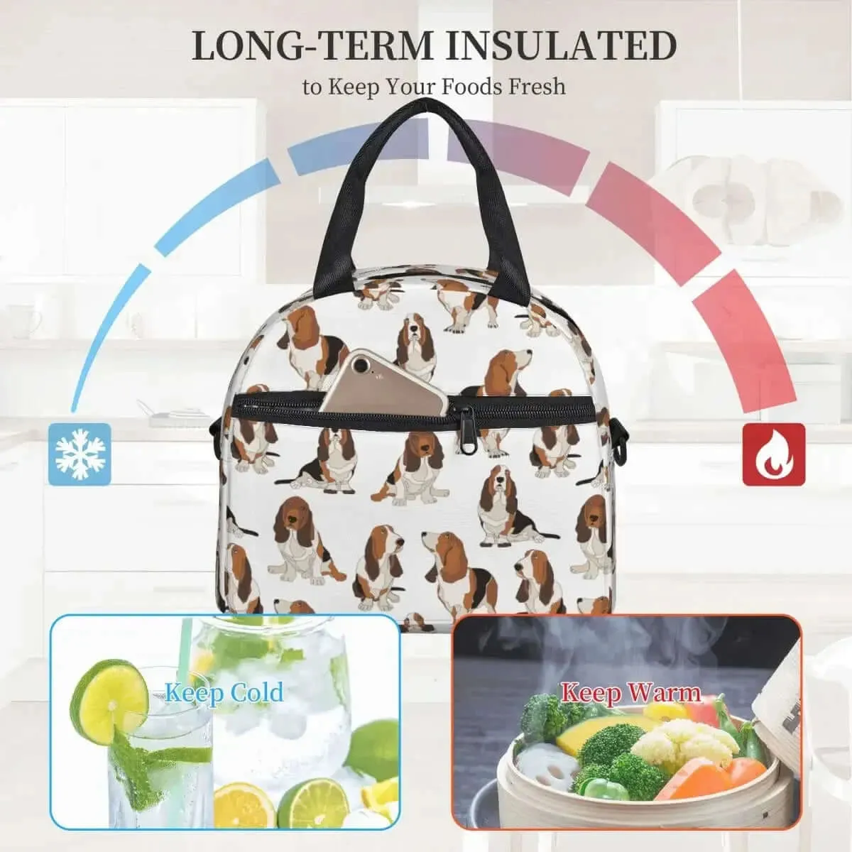 Large Insulated Basset Hound Lunch Bag With Adjustable Shoulder Strap