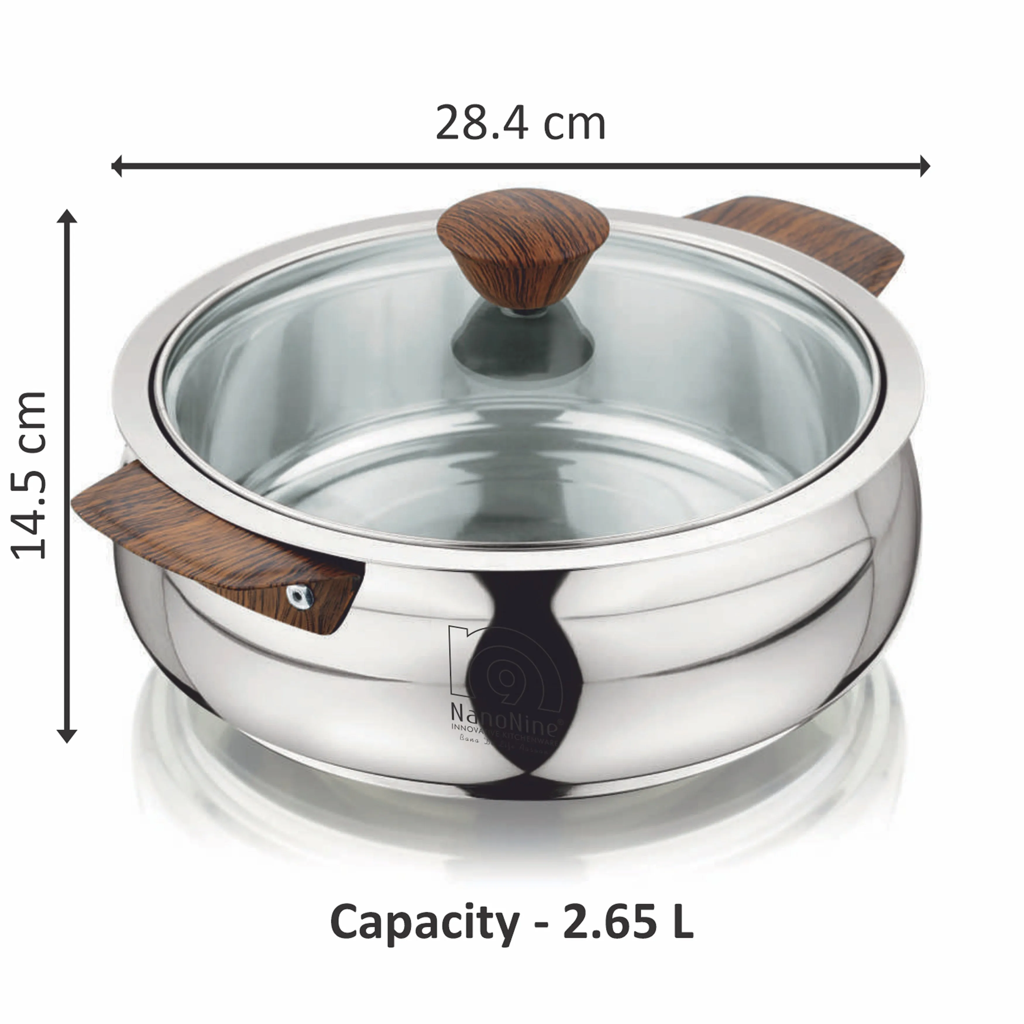 NanoNine Royal Serve Double Wall Insulated Stainless Steel Casserole with Glass Lid.