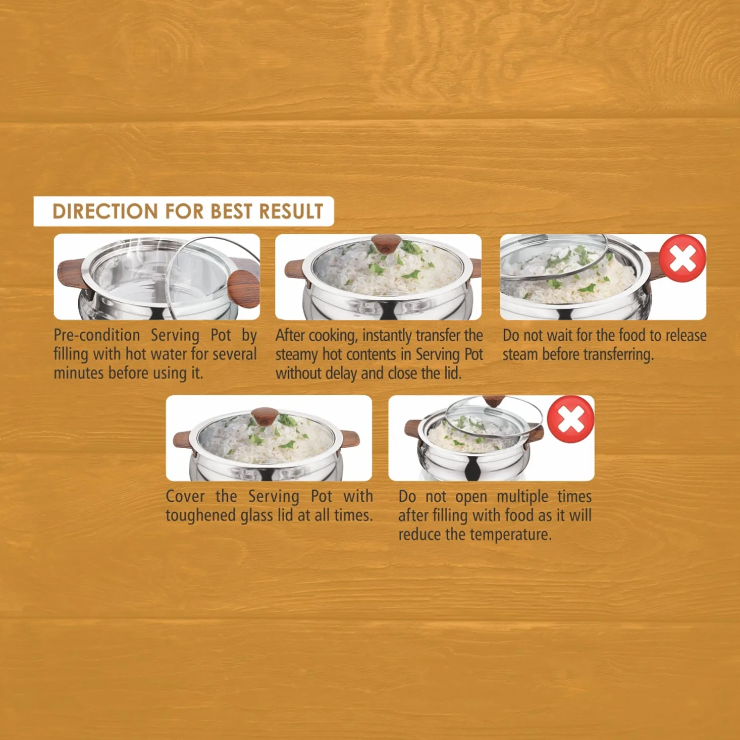 NanoNine Royale Steel Wood 750 ml   1.24 L   2.65 L Double Wall Insulated Stainless Steel Casserole with Glass Lid.