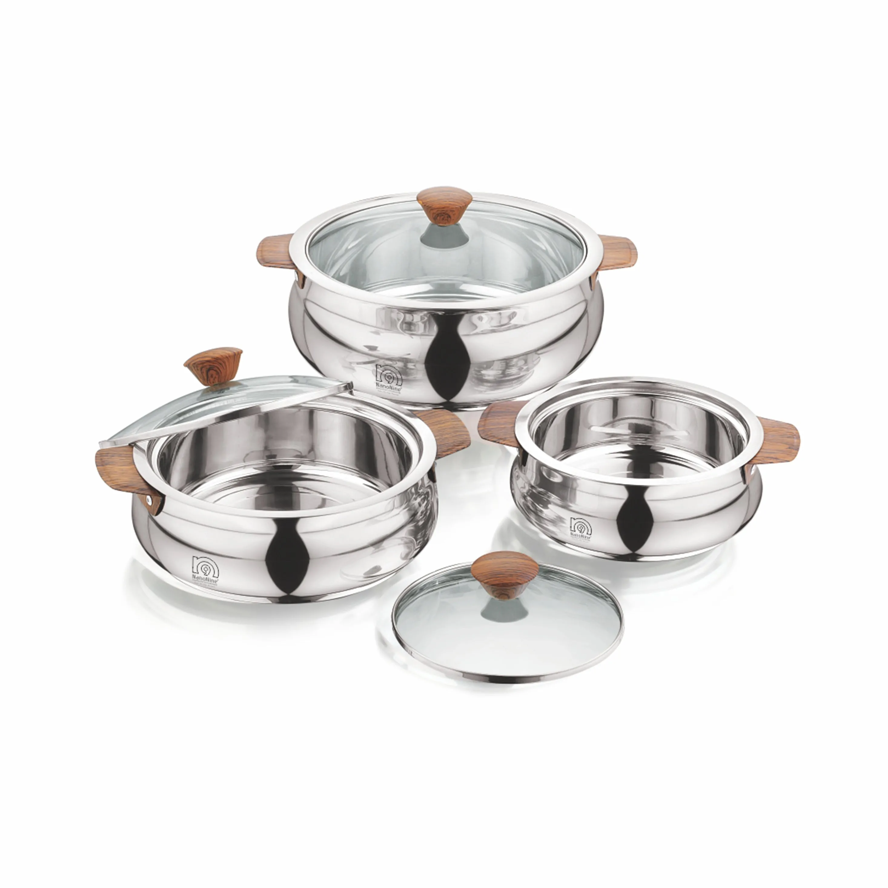 NanoNine Royale Steel Wood 750 ml   1.24 L   2.65 L Double Wall Insulated Stainless Steel Casserole with Glass Lid.