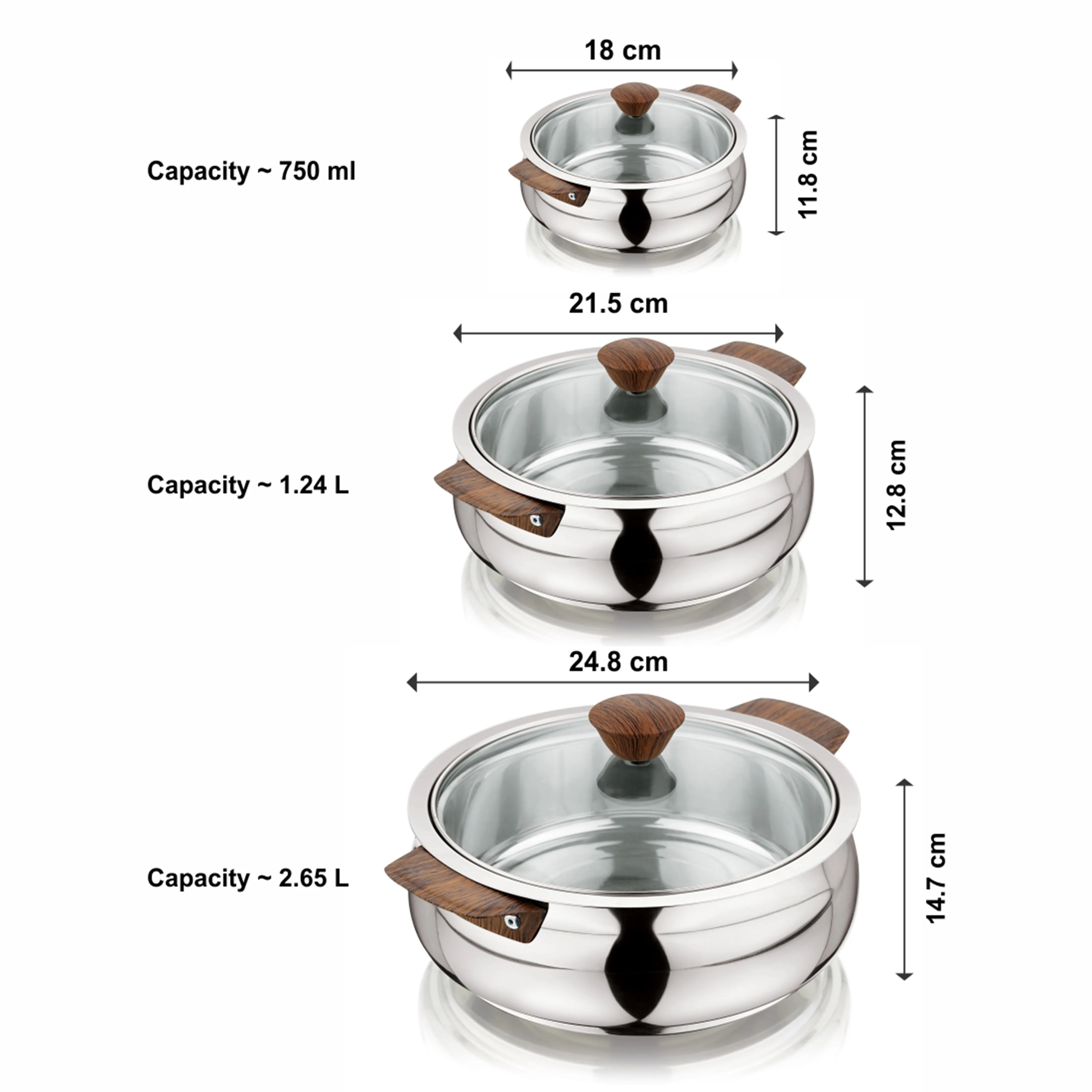 NanoNine Royale Steel Wood 750 ml   1.24 L   2.65 L Double Wall Insulated Stainless Steel Casserole with Glass Lid.