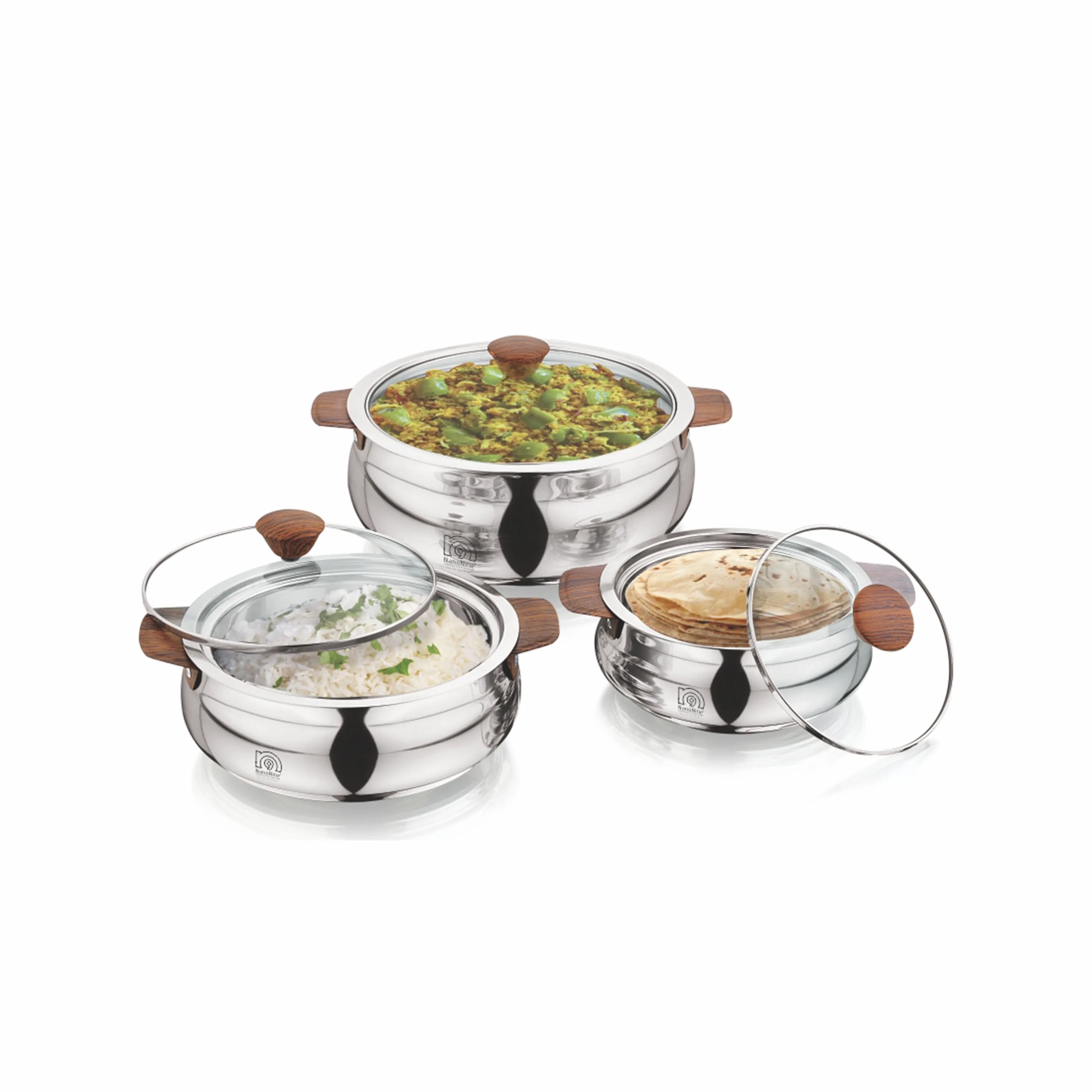 NanoNine Royale Steel Wood 750 ml   1.24 L   2.65 L Double Wall Insulated Stainless Steel Casserole with Glass Lid.
