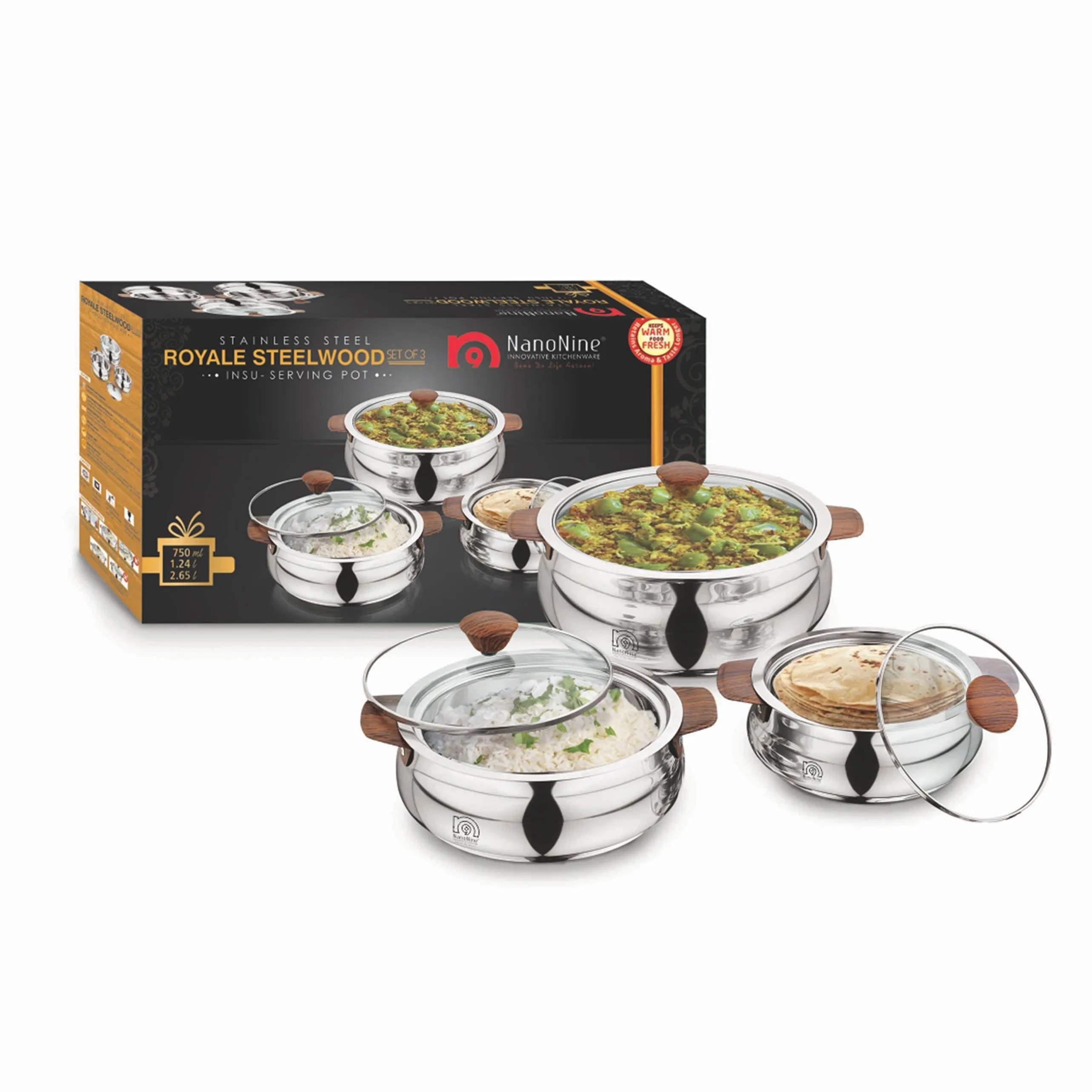 NanoNine Royale Steel Wood 750 ml   1.24 L   2.65 L Double Wall Insulated Stainless Steel Casserole with Glass Lid.