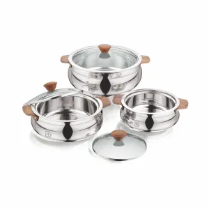 NanoNine Royale Steel Wood 750 ml   1.24 L   2.65 L Double Wall Insulated Stainless Steel Casserole with Glass Lid.