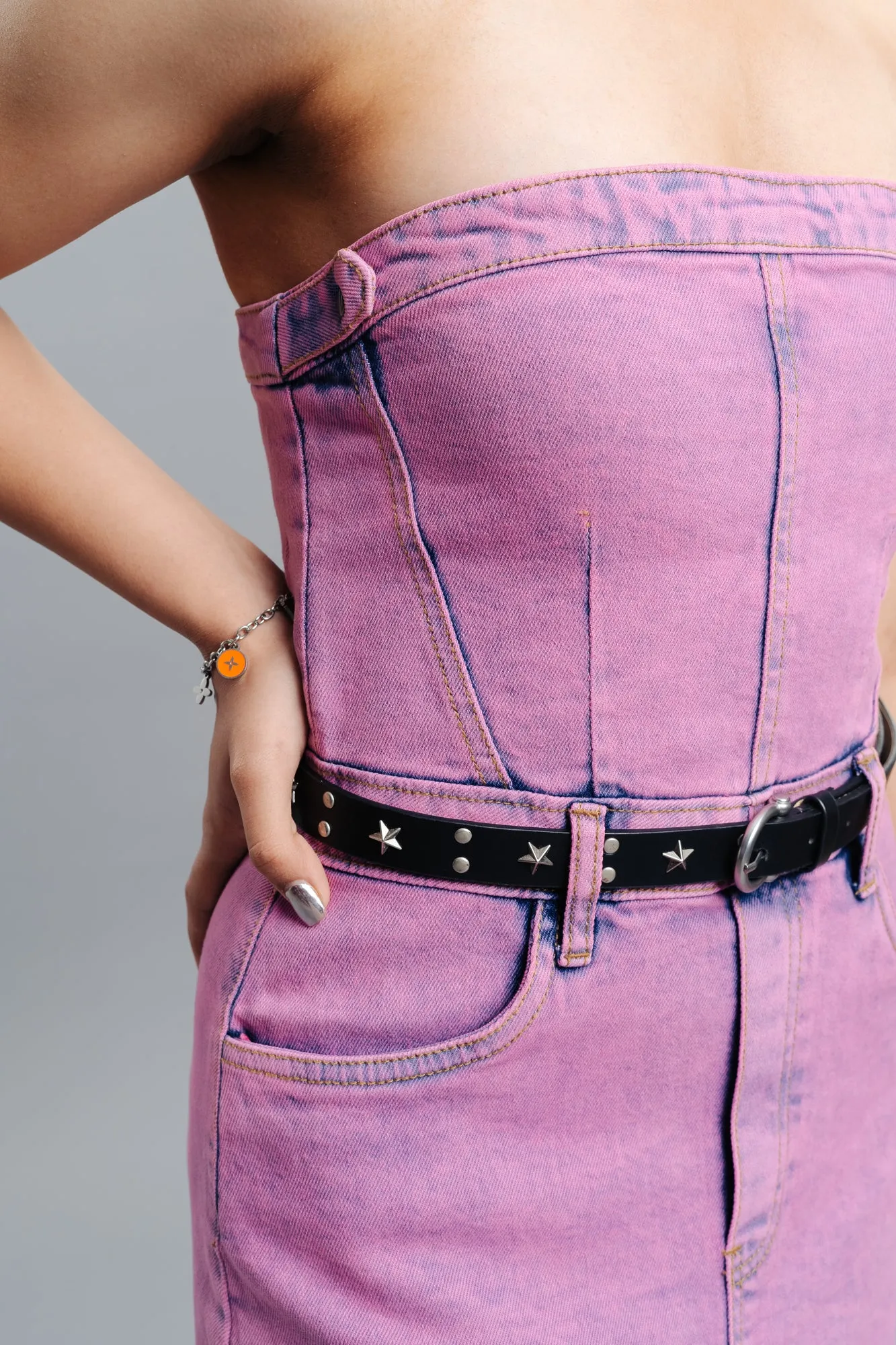 Pink Dyed Strapless Denim Dress
