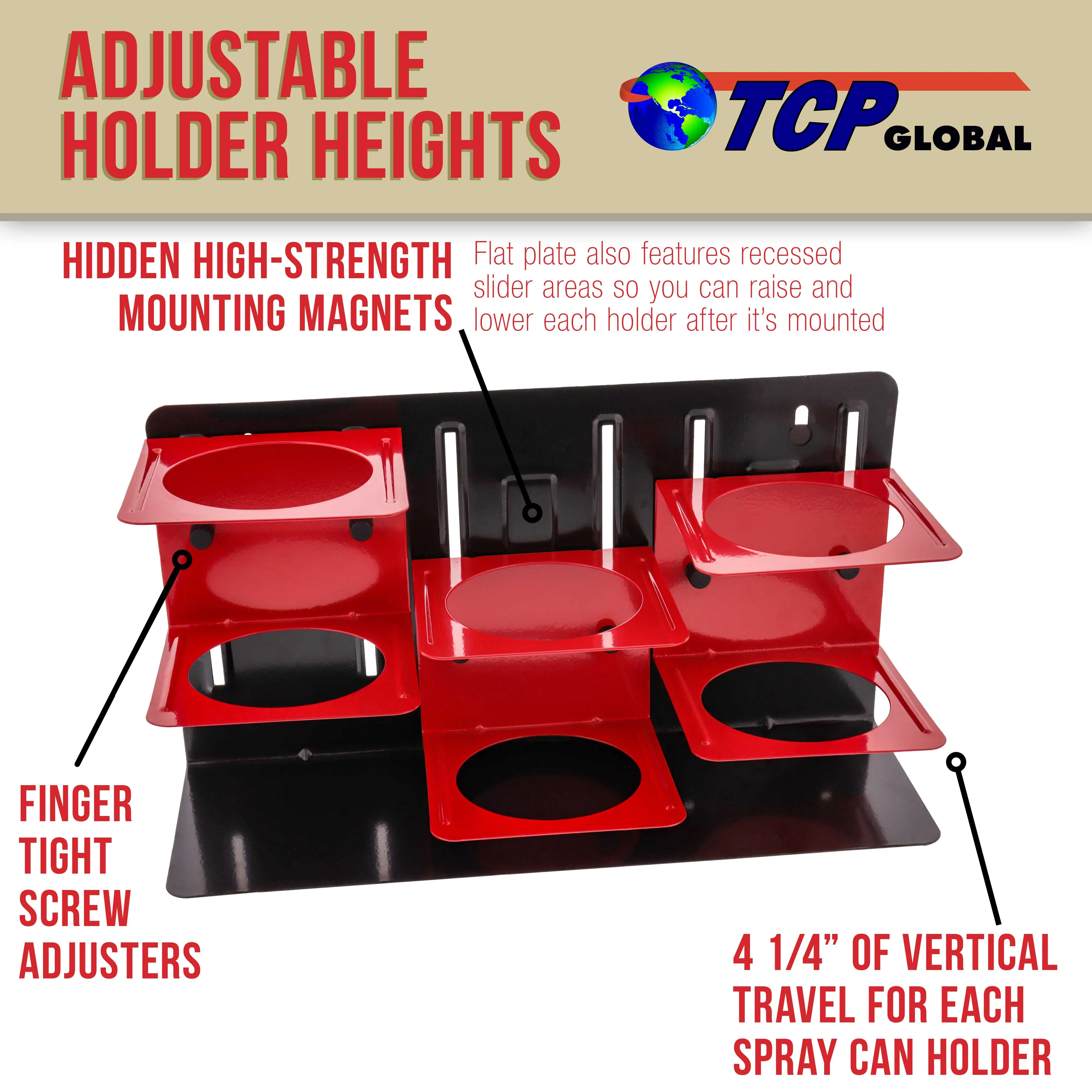 TCP Global Magnetic Can, Bottle and Cup Holder - Holds 3 Aerosol Spray Cans, Paint, Lubricant, Polish Bottles, Drinks - Adjustable Storage Tray Height