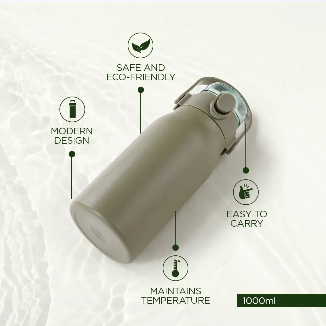 U Insulated Stainless Steel Bottle 1 Litre with Sipper Lid-Double Wall Vacuum Thermos | Leak Proof | Rust Proof | Keeps Drinks Hot/Cold for 6-12 Hours | Flip Up Handle (Pack of 6, Olive