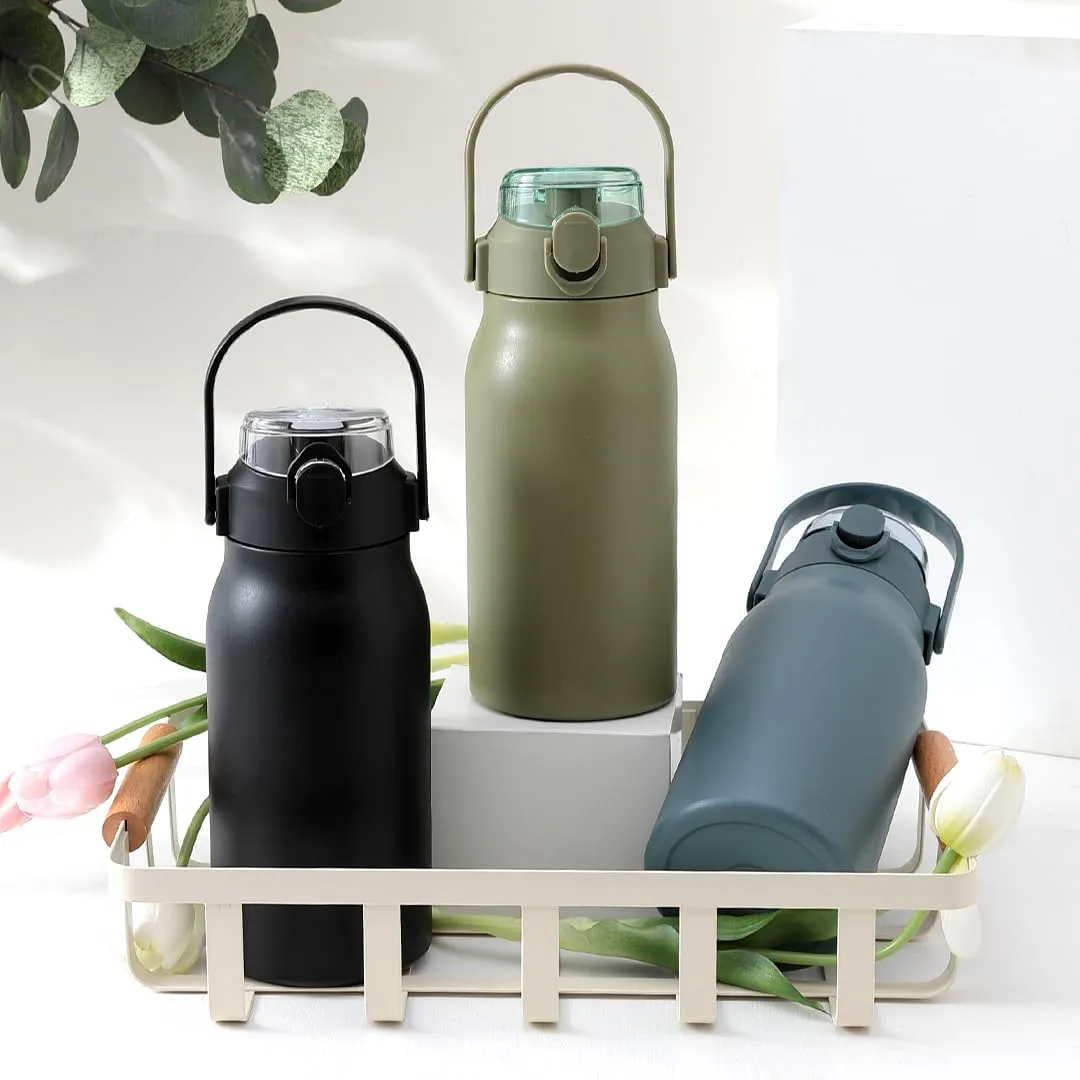 U Insulated Stainless Steel Bottle 1 Litre with Sipper Lid-Double Wall Vacuum Thermos | Leak Proof | Rust Proof | Keeps Drinks Hot/Cold for 6-12 Hours | Flip Up Handle (Pack of 6, Olive