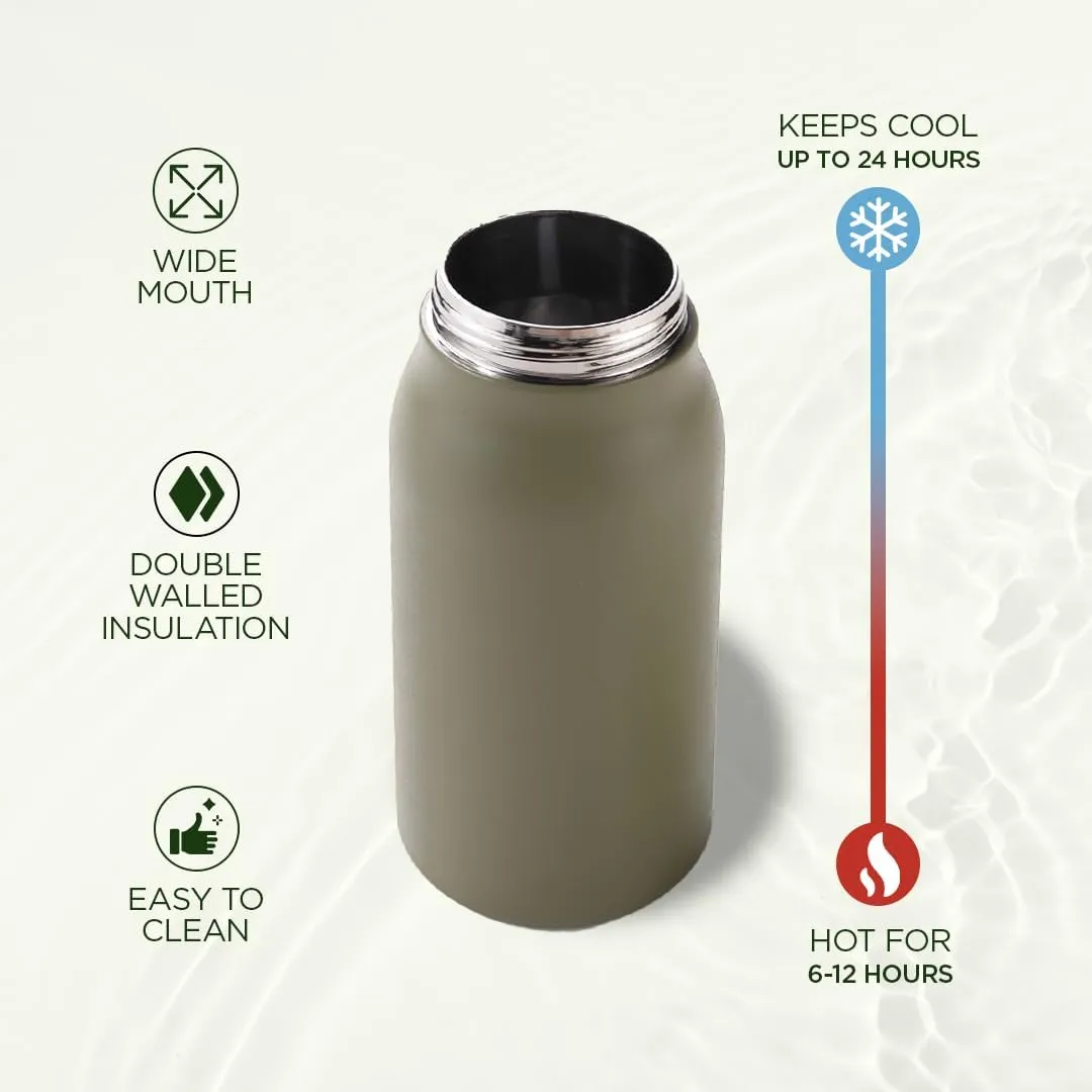 U Insulated Stainless Steel Bottle 1 Litre with Sipper Lid-Double Wall Vacuum Thermos | Leak Proof | Rust Proof | Keeps Drinks Hot/Cold for 6-12 Hours | Flip Up Handle (Pack of 6, Olive