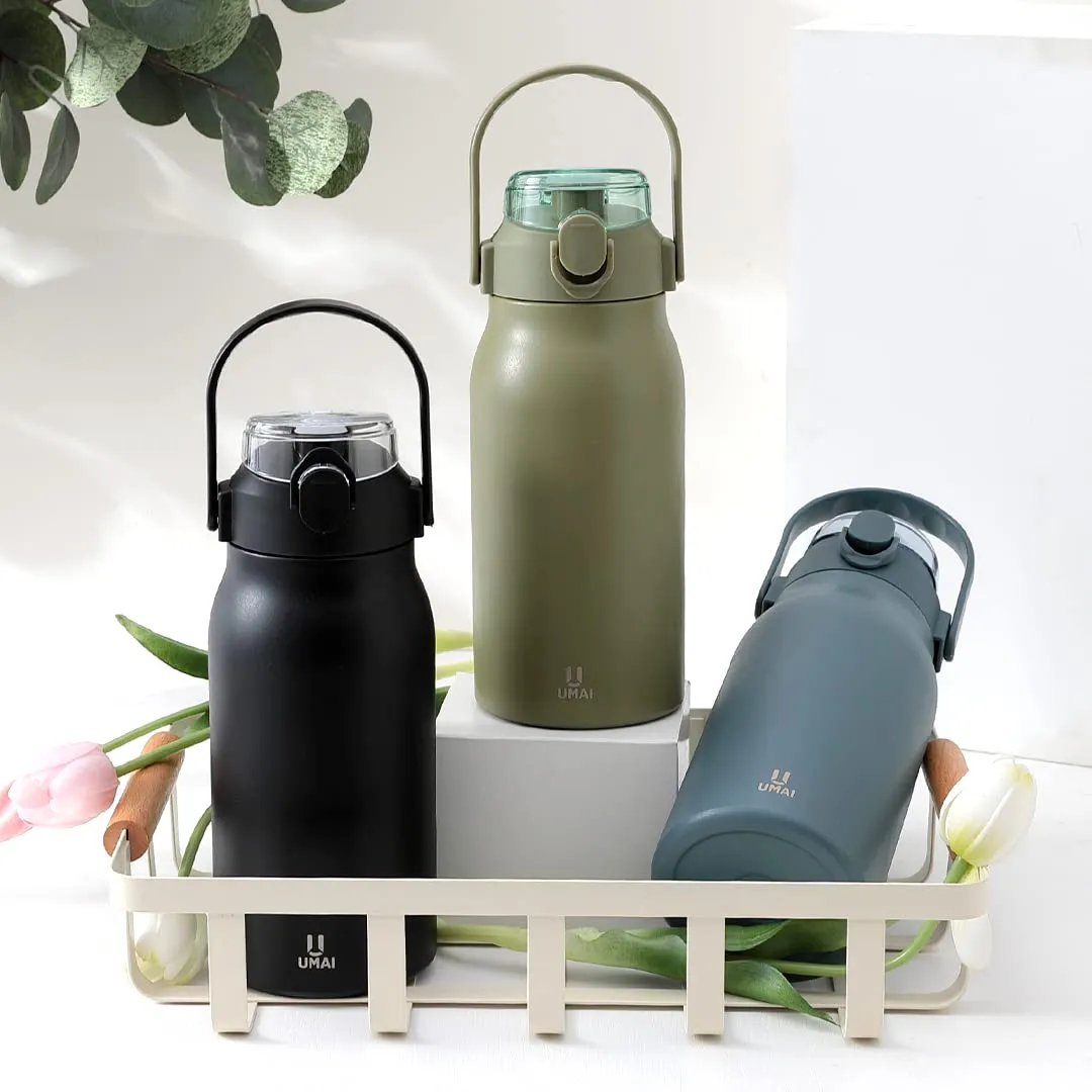 Umai Insulated Stainless Steel Bottle 1 Litre with Sipper Lid-Double Wall Vacuum Thermos | Leakproof | Keeps Drinks Hot/Cold for 6-12 Hours | FlipUp Handle | Easy-to-Carry (Pack of 2) (Black-Green)