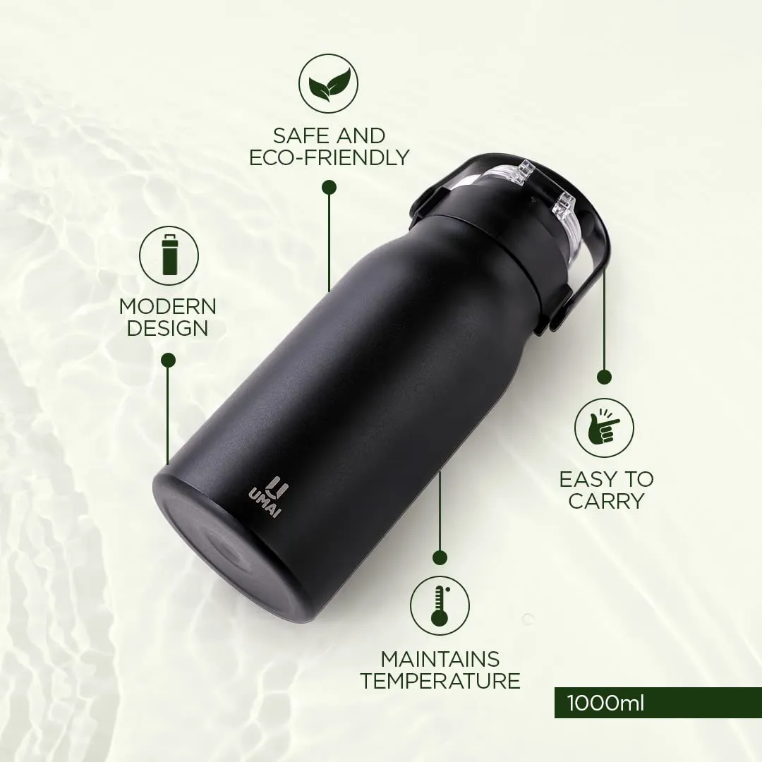 Umai Insulated Stainless Steel Bottle 1 Litre with Sipper Lid-Double Wall Vacuum Thermos | Leakproof | Keeps Drinks Hot/Cold for 6-12 Hours | FlipUp Handle | Easy-to-Carry (Pack of 2) (Black-Green)