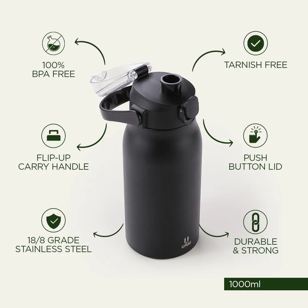 Umai Insulated Stainless Steel Bottle 1 Litre with Sipper Lid-Double Wall Vacuum Thermos | Leakproof | Keeps Drinks Hot/Cold for 6-12 Hours | FlipUp Handle | Easy-to-Carry (Pack of 2) (Black-Green)